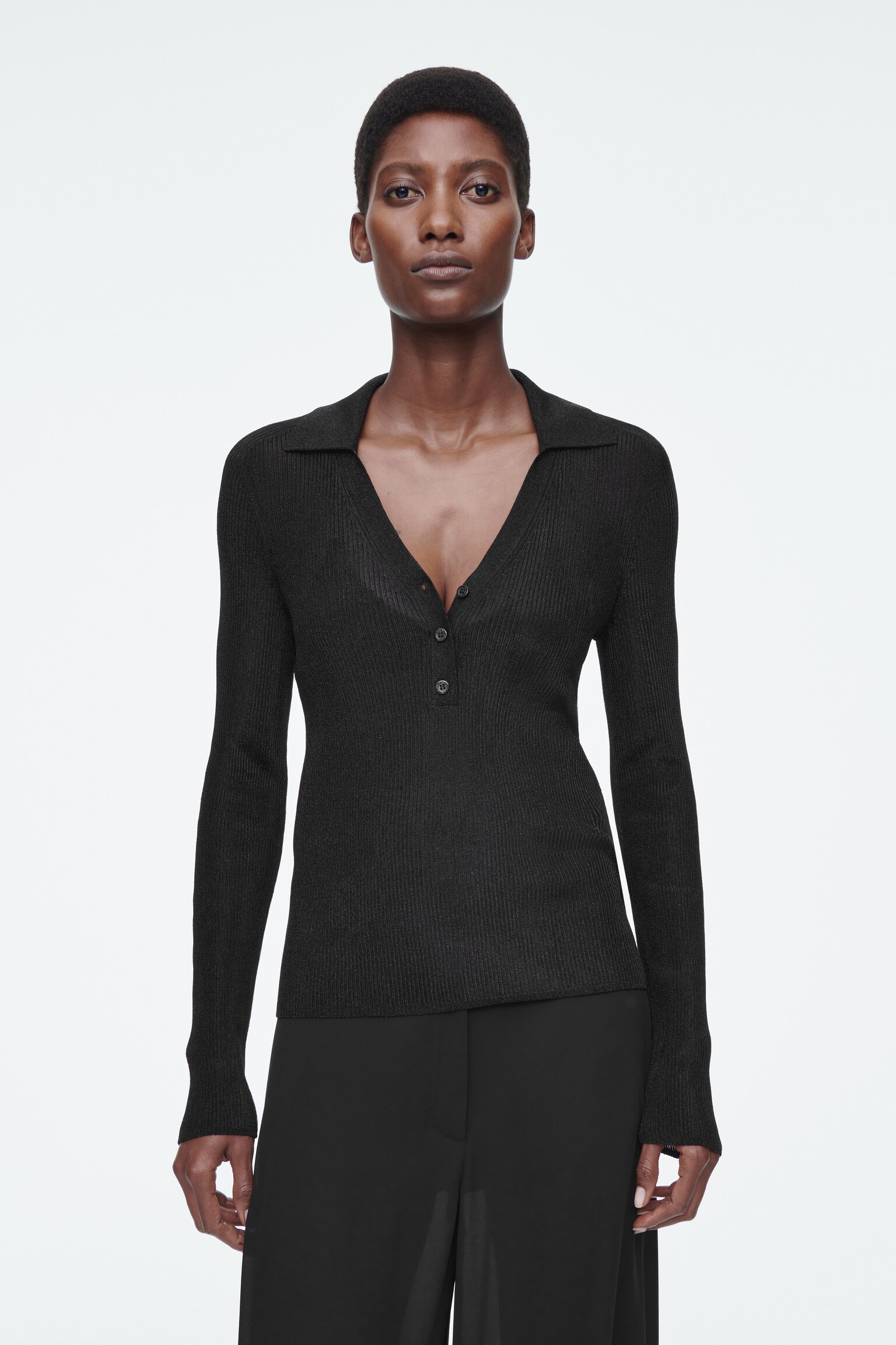SPARKLY RIBBED-KNIT POLO SHIRT - BLACK/MAHOGANY