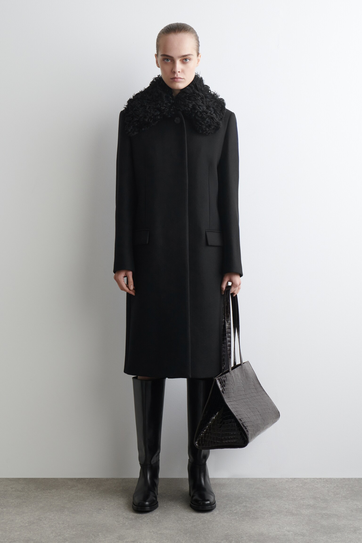 SHEARLING-COLLAR WOOL COAT - BLACK - 1