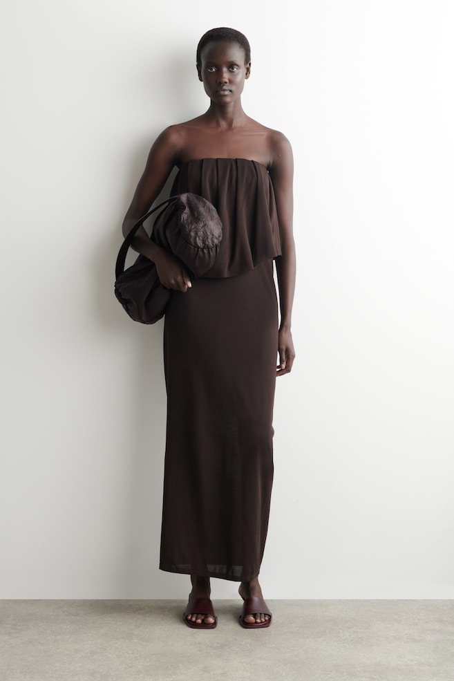 LAYERED SHEER-KNIT BANDEAU MAXI DRESS — BITTER CHOCOLATE