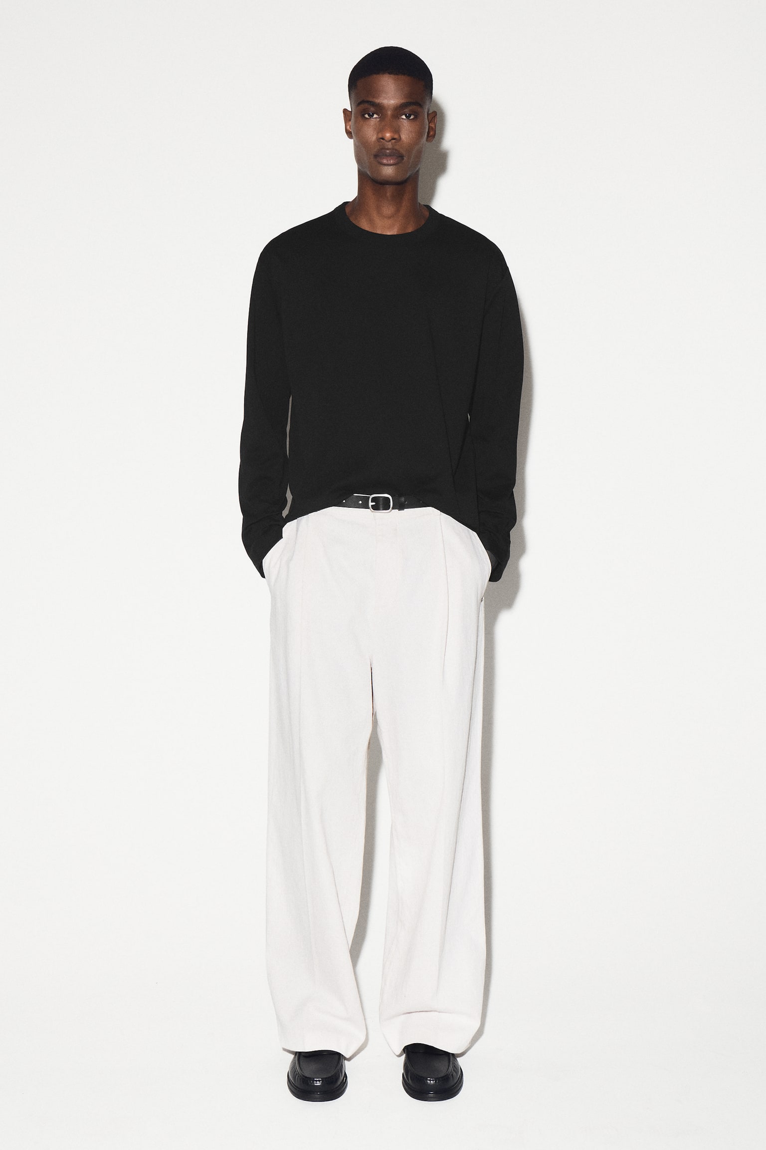 T-SHIRT Z DŁUGIM RĘKAWEM Z DZIANINY DWUŁOŻYSKOWEJ - CZARNY/BIAŁY/CZARNY / PASKI/JASNORÓŻOWY - 6