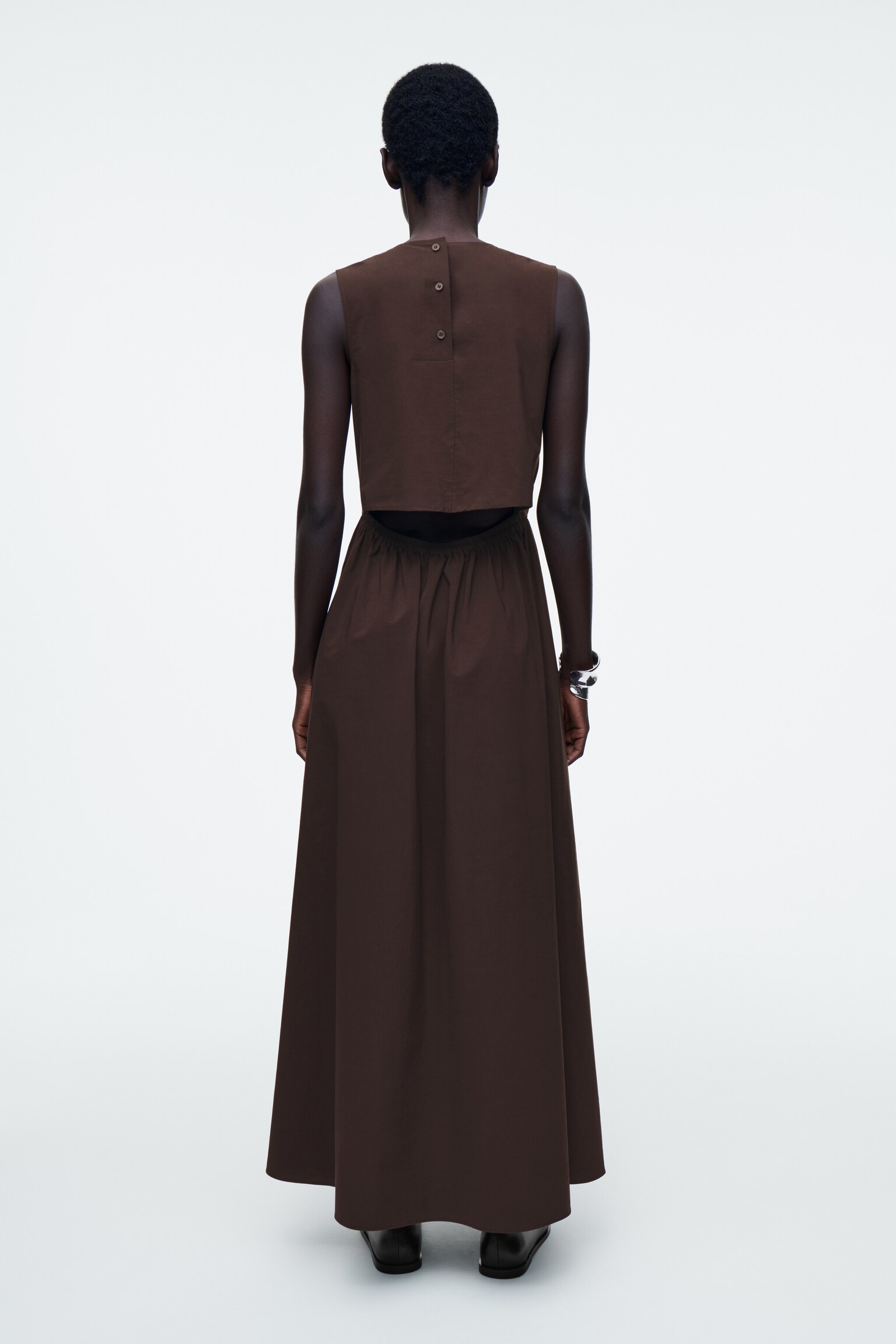 VESTIDO LARGO DE ALGODÓN CON ESPALDA ABIERTA - MARRÓN OSCURO/VERDE/MANTEQUILLA - 3