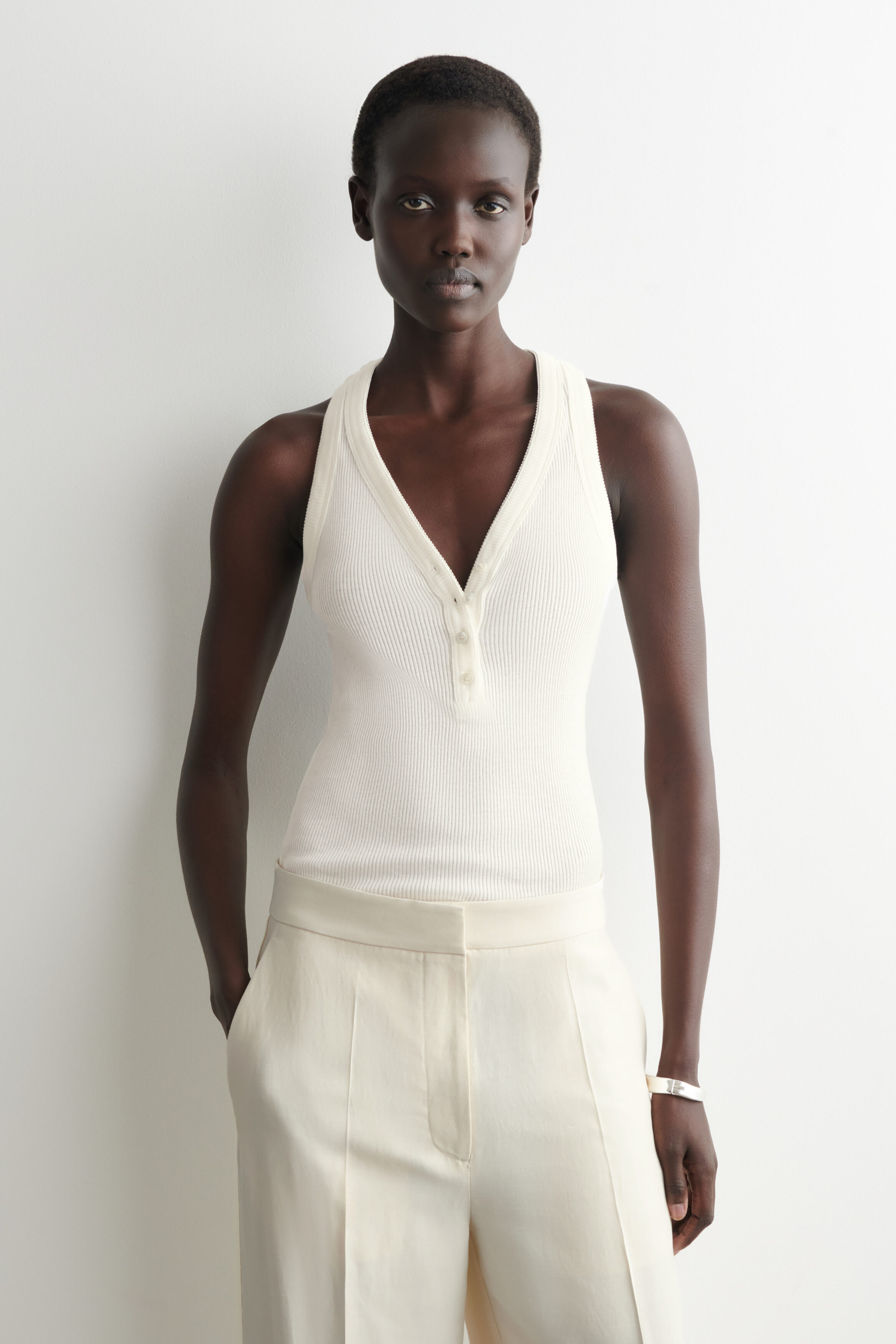 prank project Henley Bouclé Knit Tank RIBBED-KNIT HENLEY TANK TOP - OFF-WHITE | COS IE