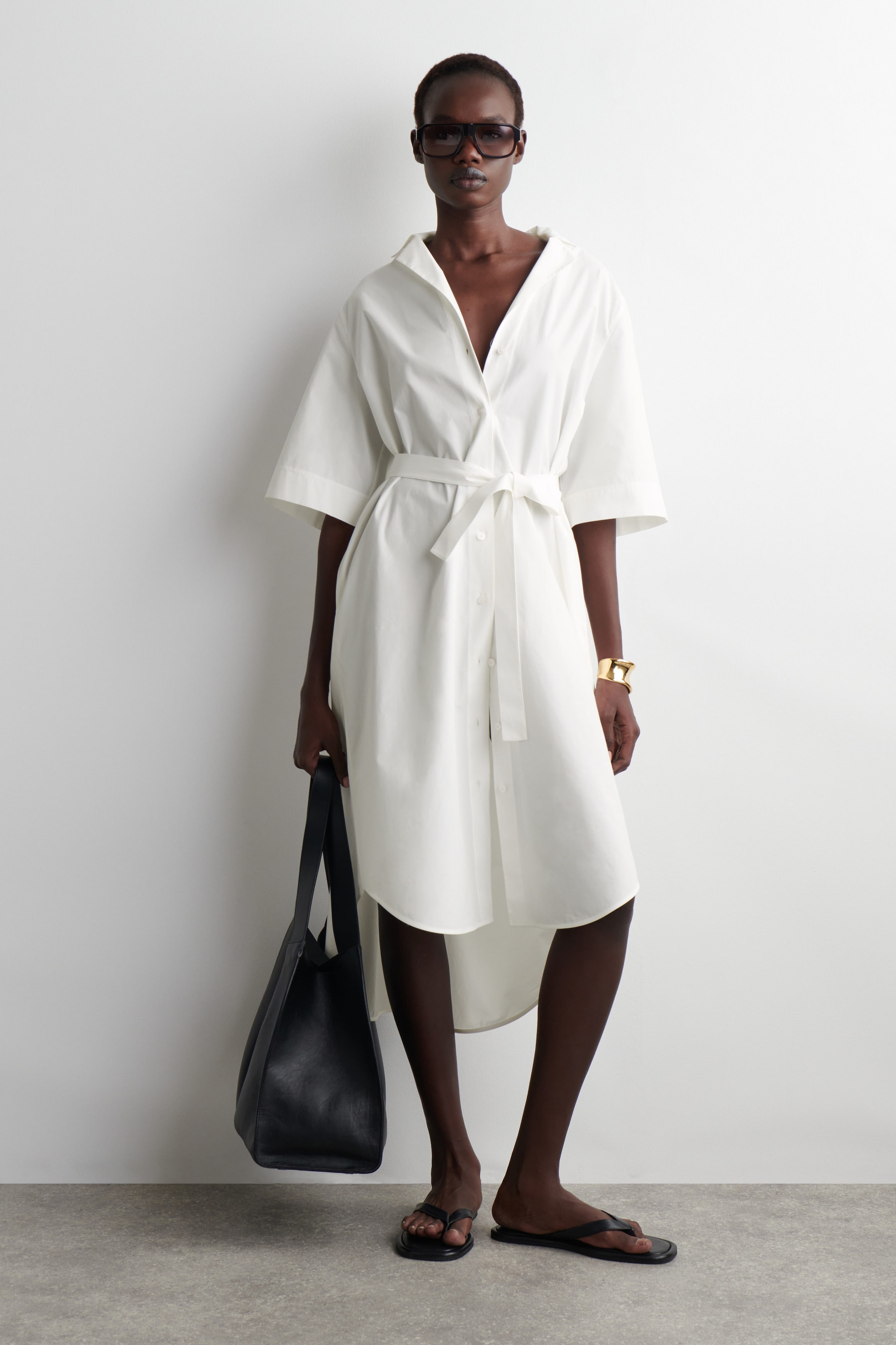 BELTED SHORT-SLEEVED MIDI SHIRT DRESS