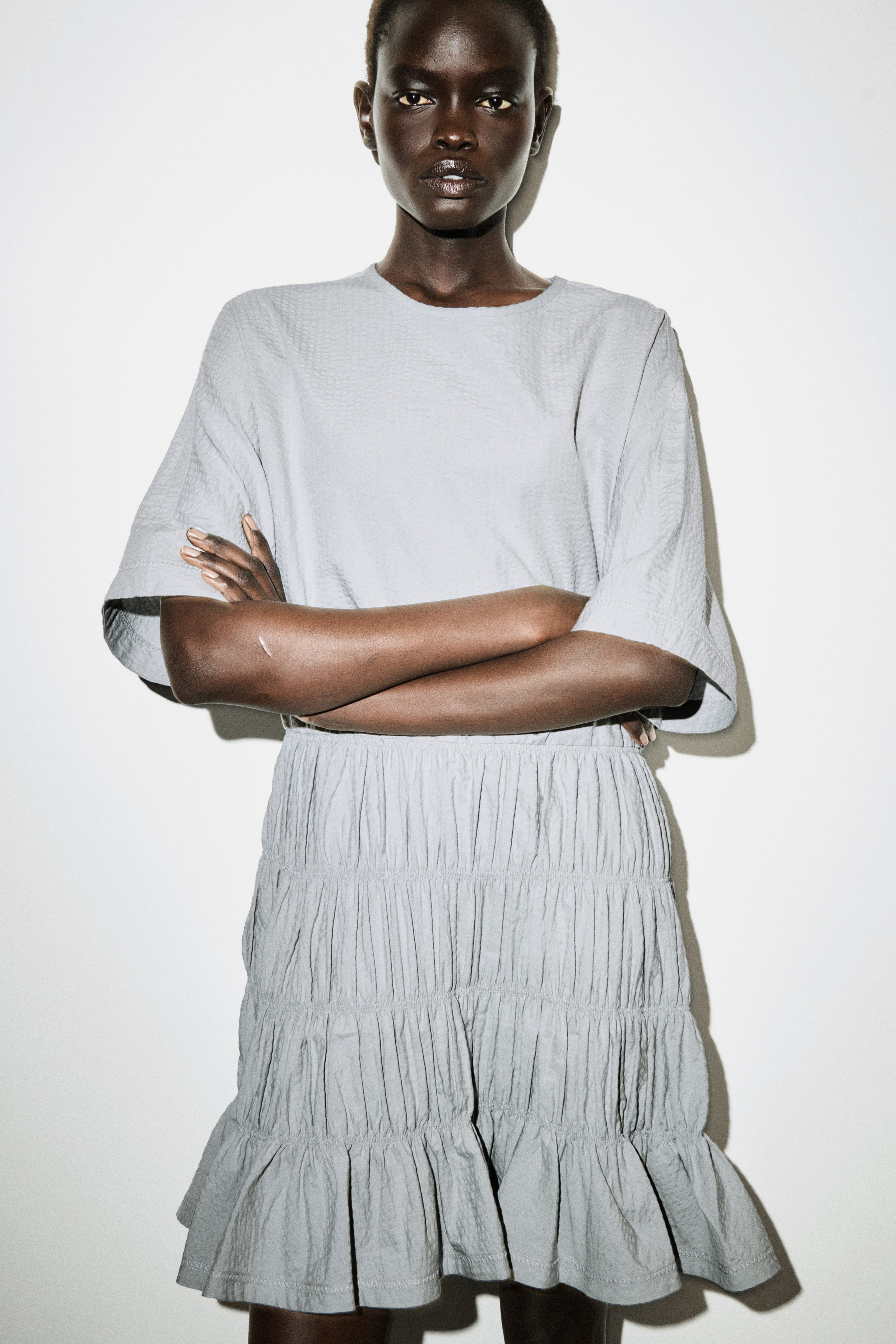 SMOCKED SEERSUCKER MINI DRESS - GRAY | COS US