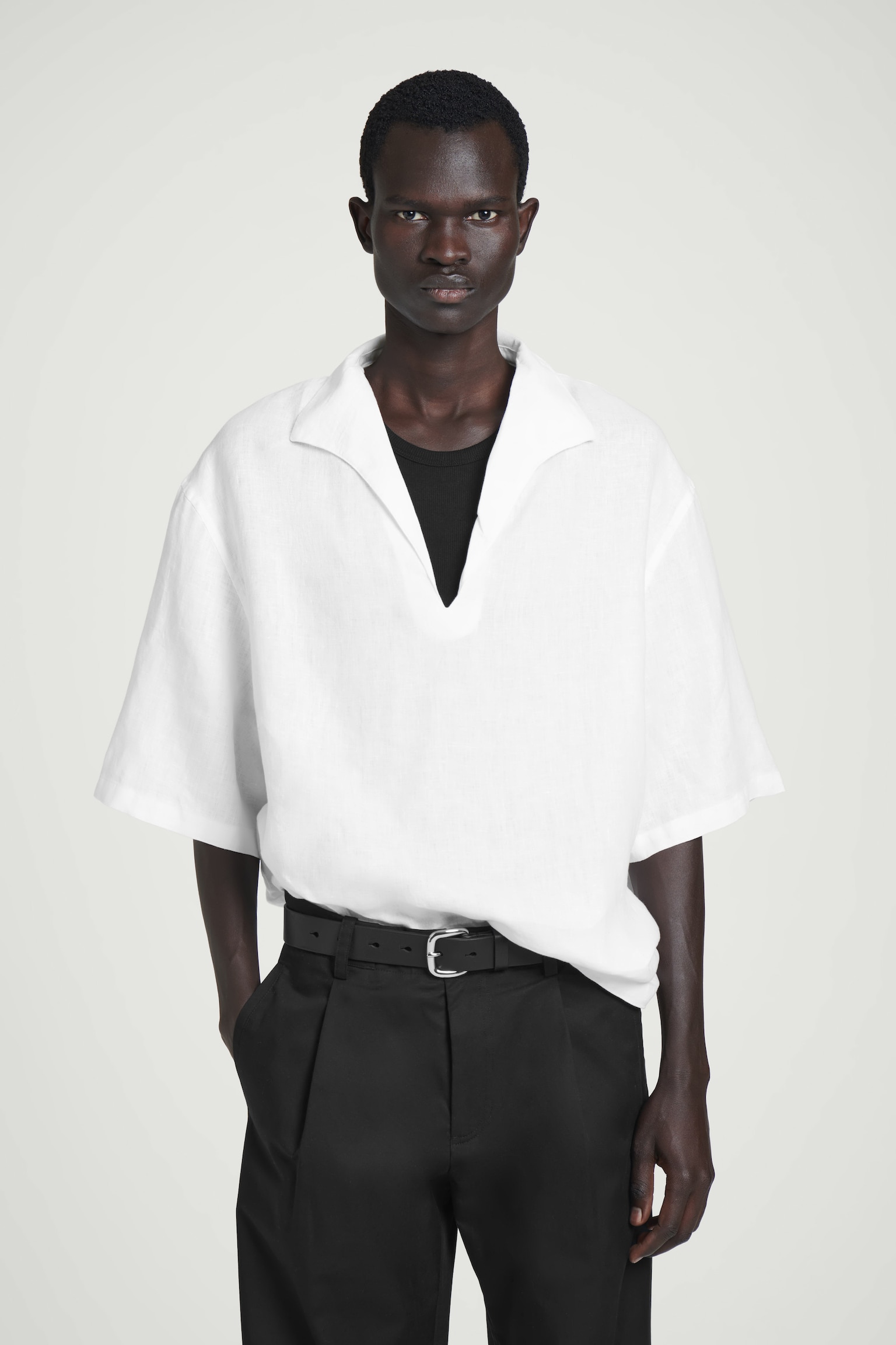 OPEN-COLLAR LINEN SHIRT - WHITE/LIGHT BLUE/NAVY