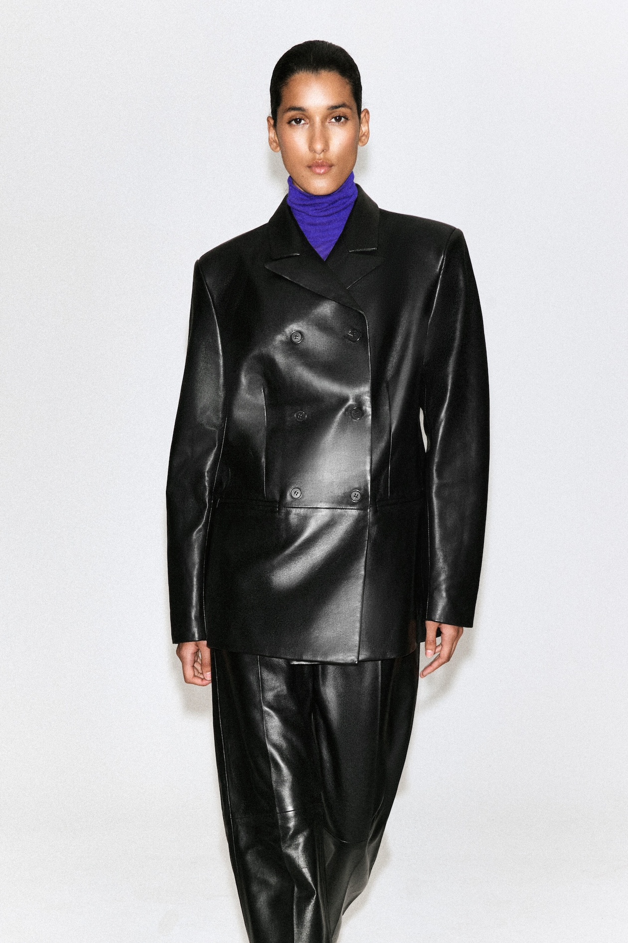 LEATHER DOUBLE-BREASTED BLAZER — BLACK