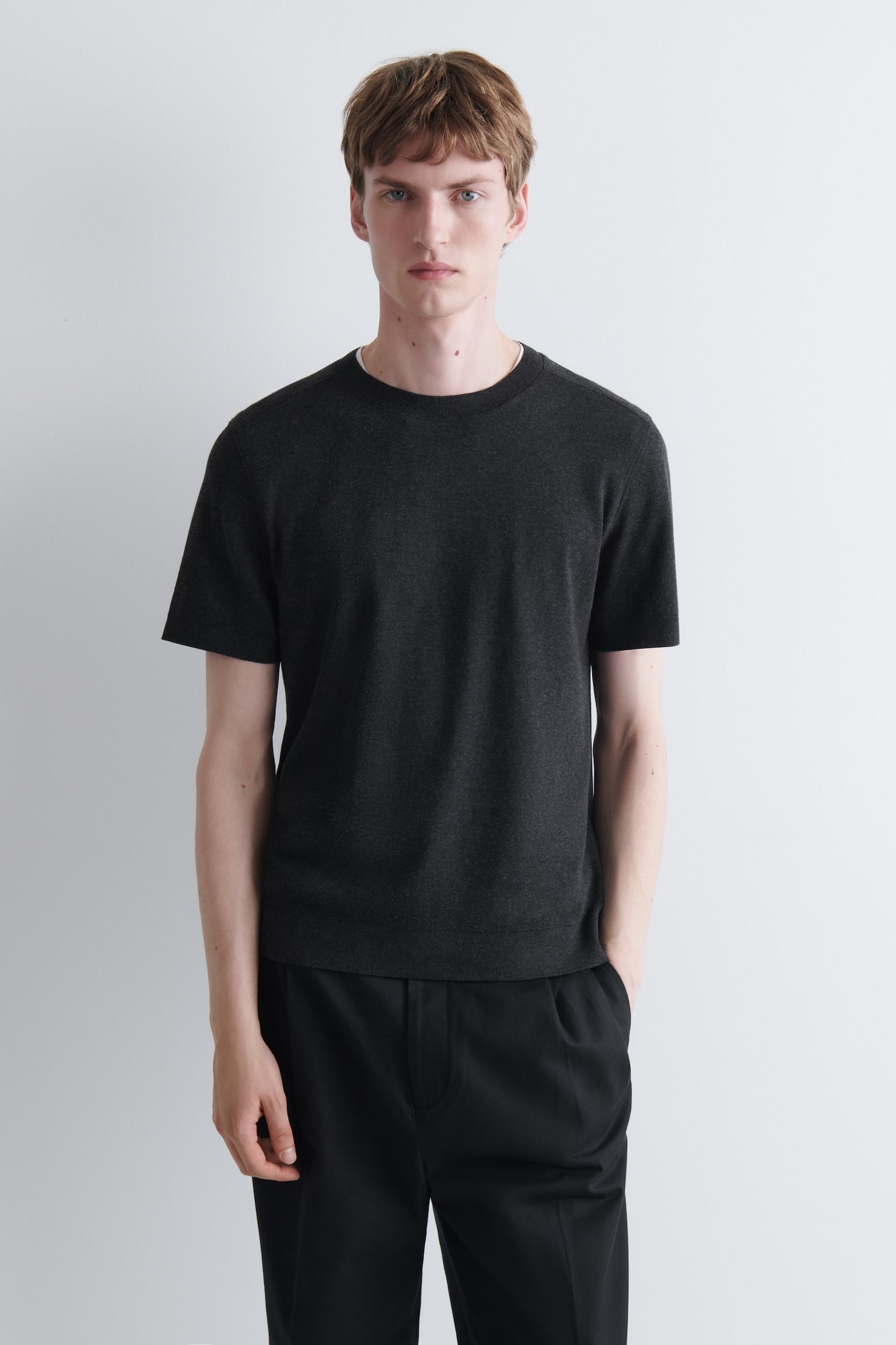 SLIM MODAL INTERLOCK-JERSEY T-SHIRT - מלאנג' פחם - 1