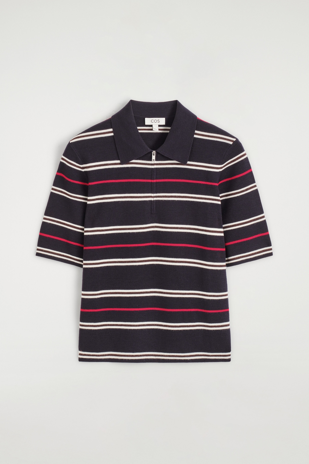 MERINO WOOL ZIP-UP POLO SHIRT — NAVY / RED / STRIPED