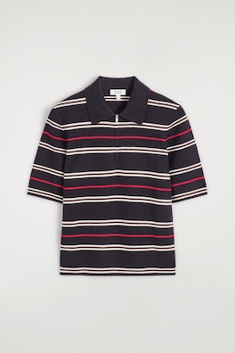 MERINO WOOL ZIP-UP POLO SHIRT — NAVY / RED / STRIPED 8