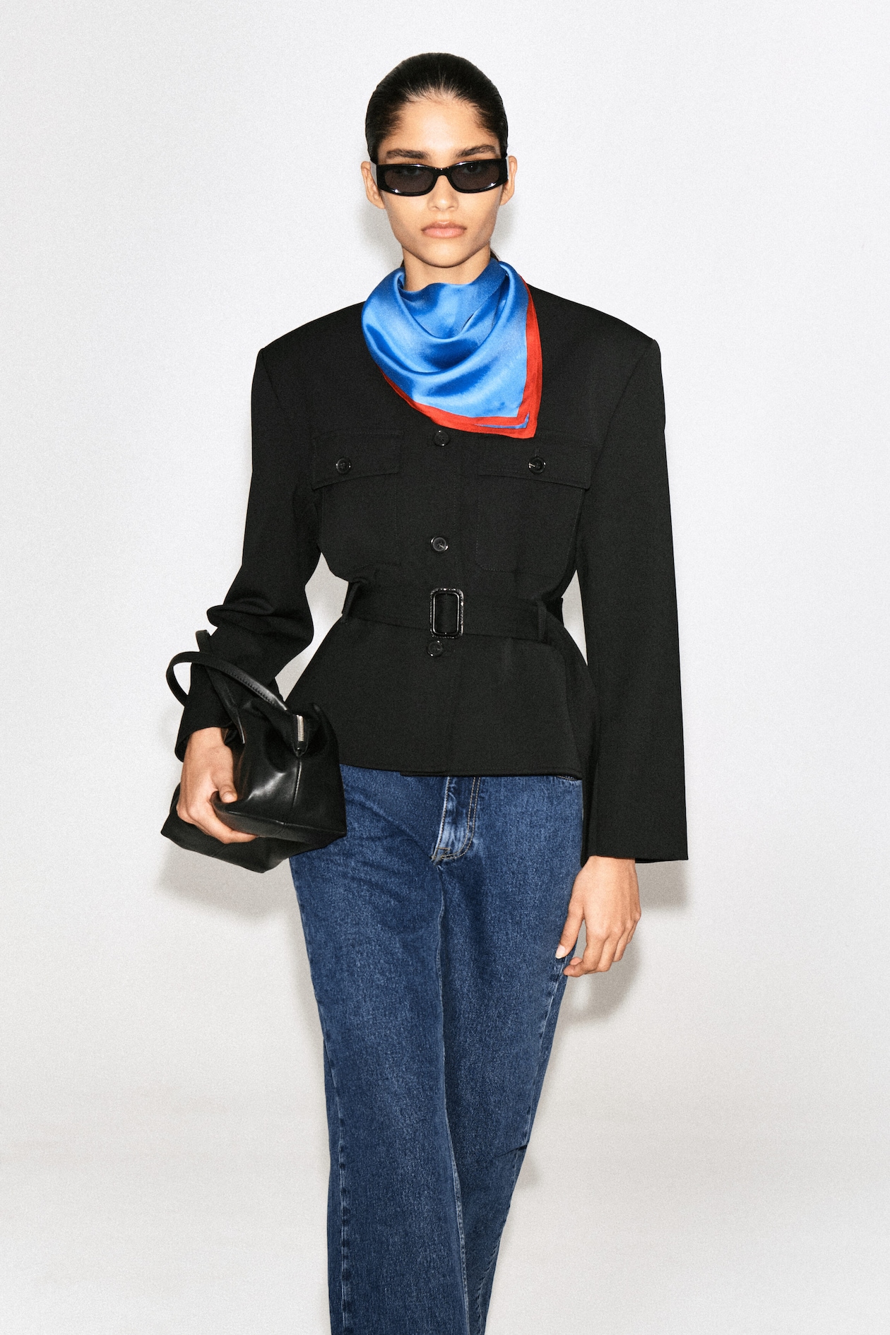BELTED PEPLUM JACKET — BLACK