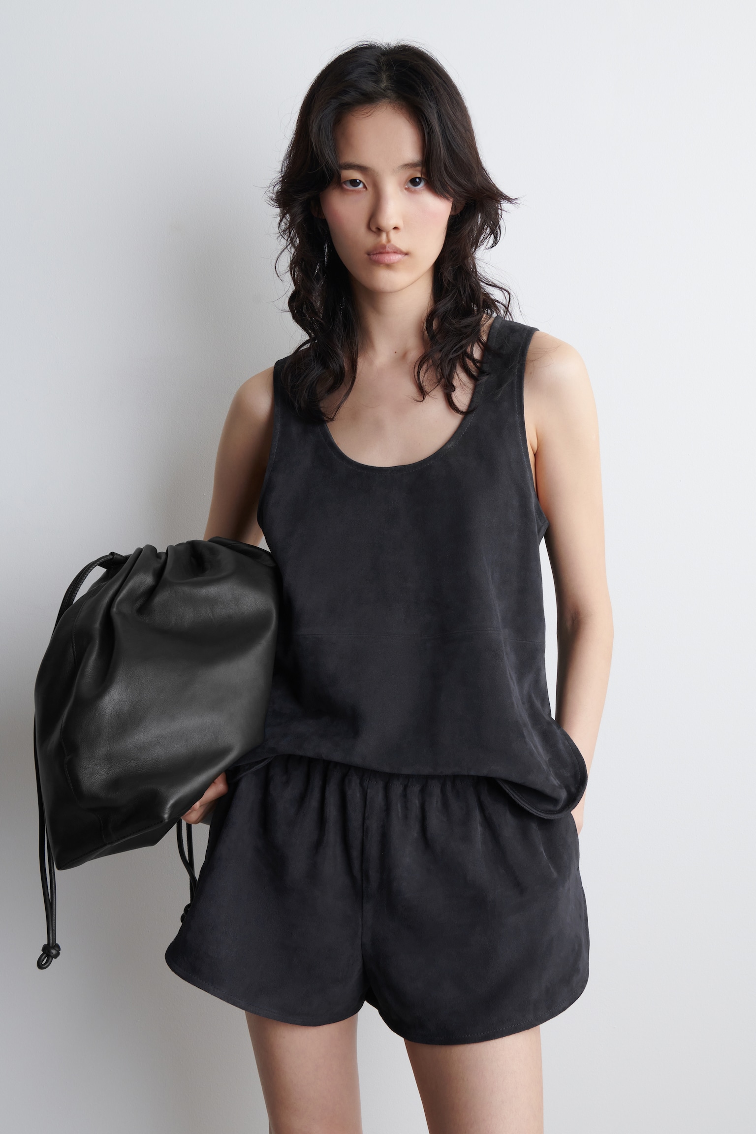SCOOP-NECK SUEDE TANK TOP - ANTHRACITE