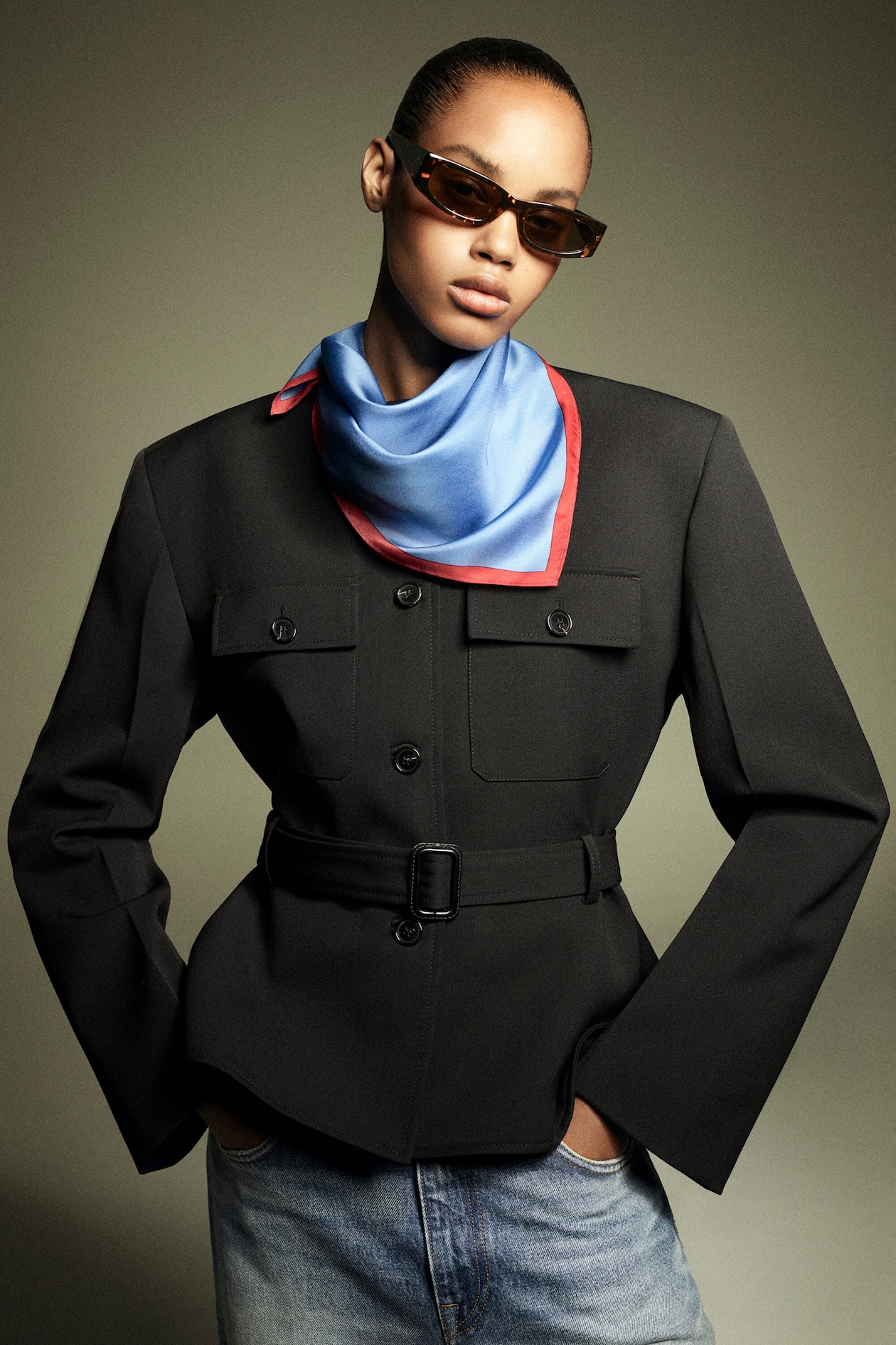 BELTED PEPLUM JACKET — BLACK