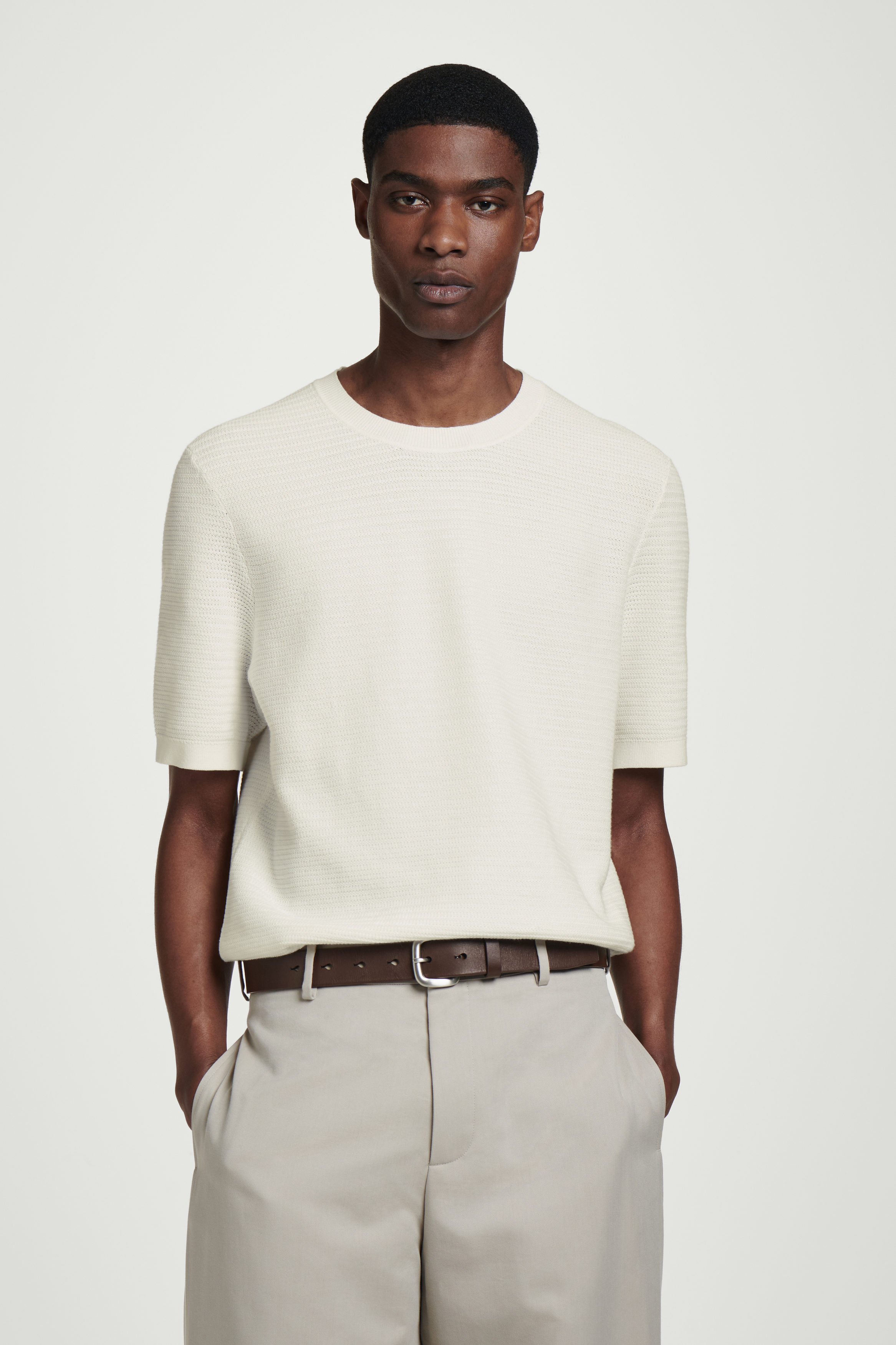 TEXTURED KNITTED COTTON T-SHIRT - OFF-WHITE | COS