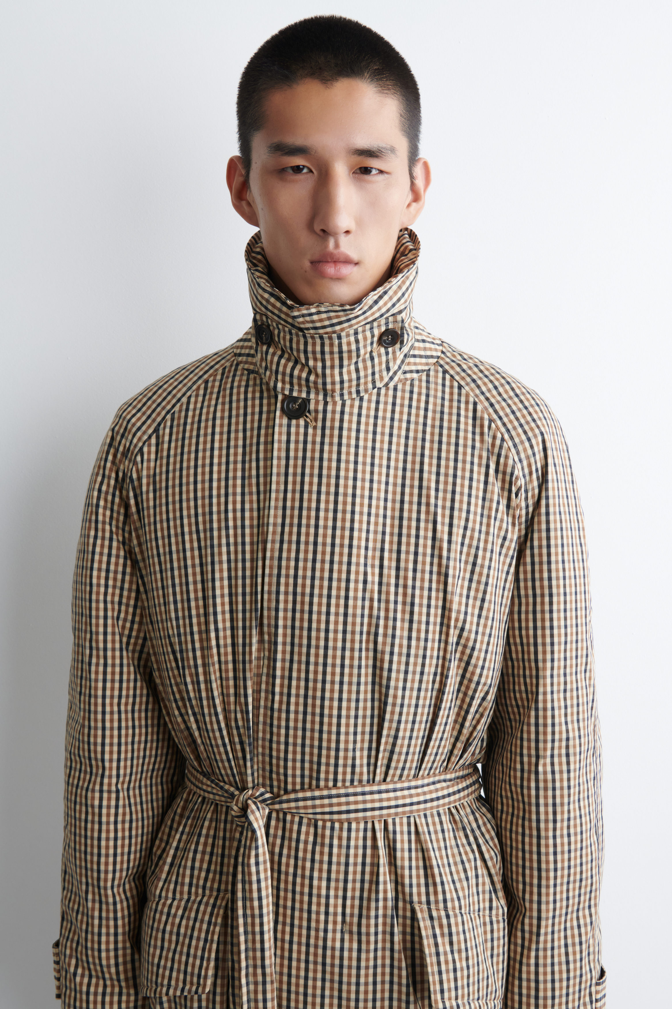 PADDED BELTED MOCK-NECK LONG COAT - BEIGE / CHECKED | COS US