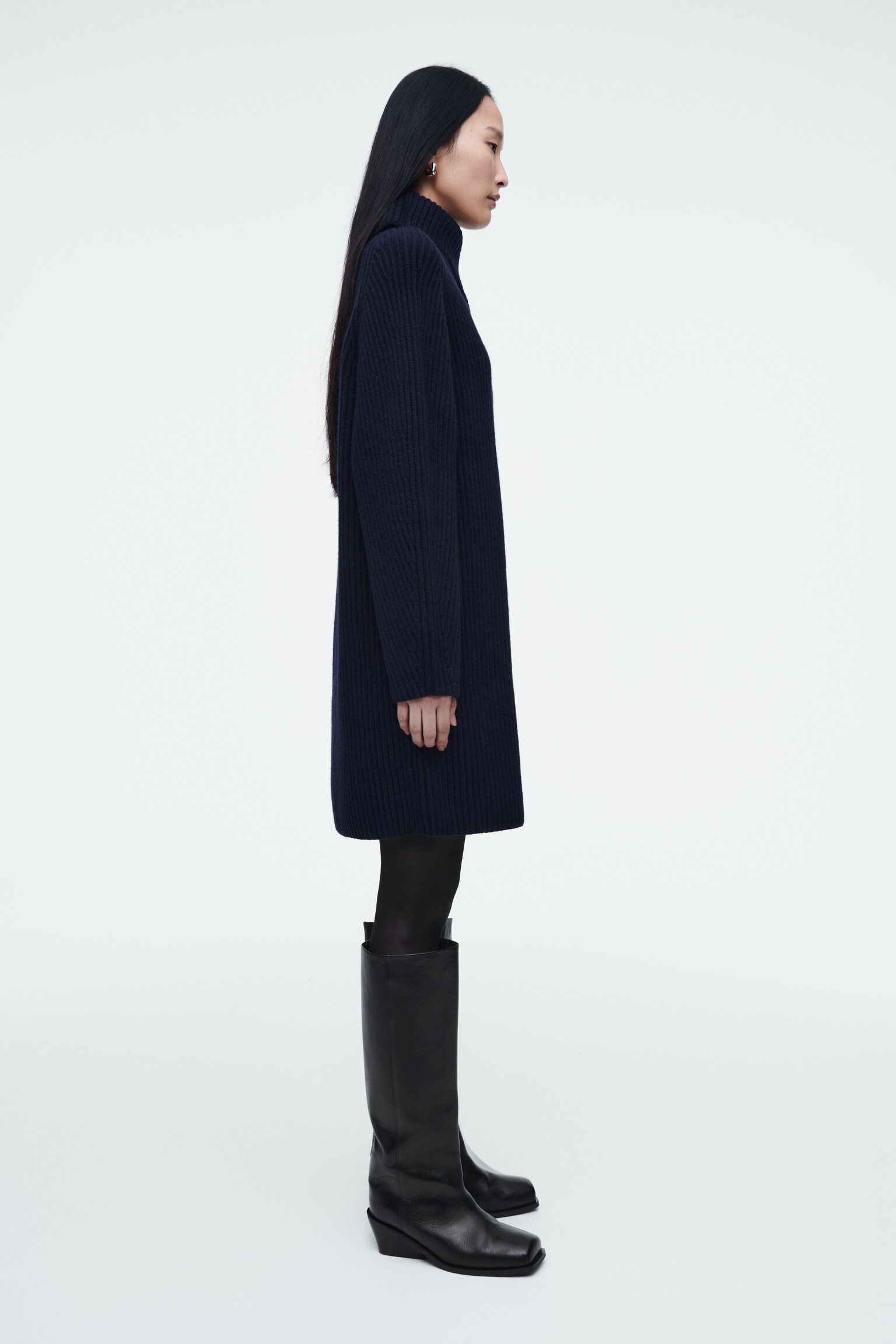 ROBE À COL ASYMÉTRIQUE EN LAINE - BLEU MARINE - 4