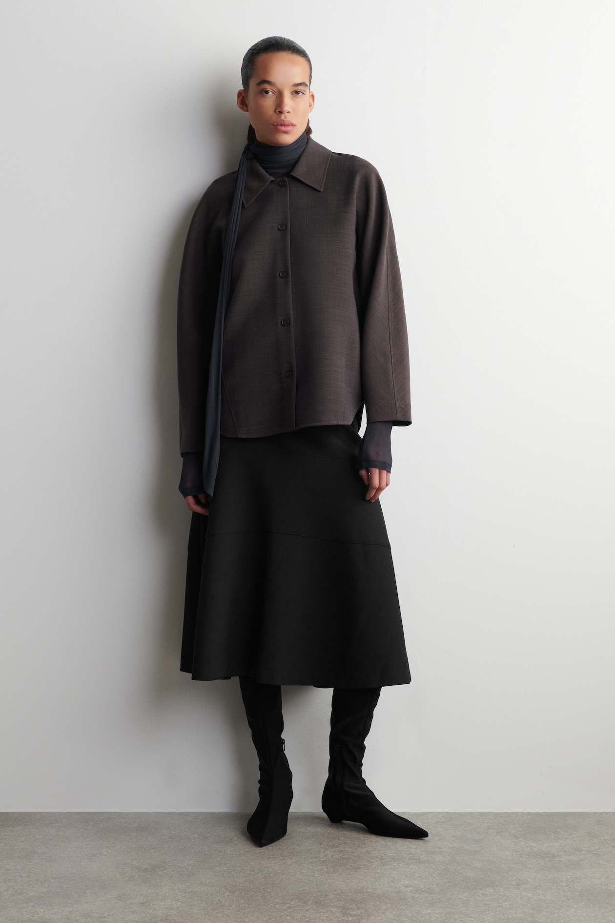 ROUNDED WOOL-BLEND SHIRT — BROWN