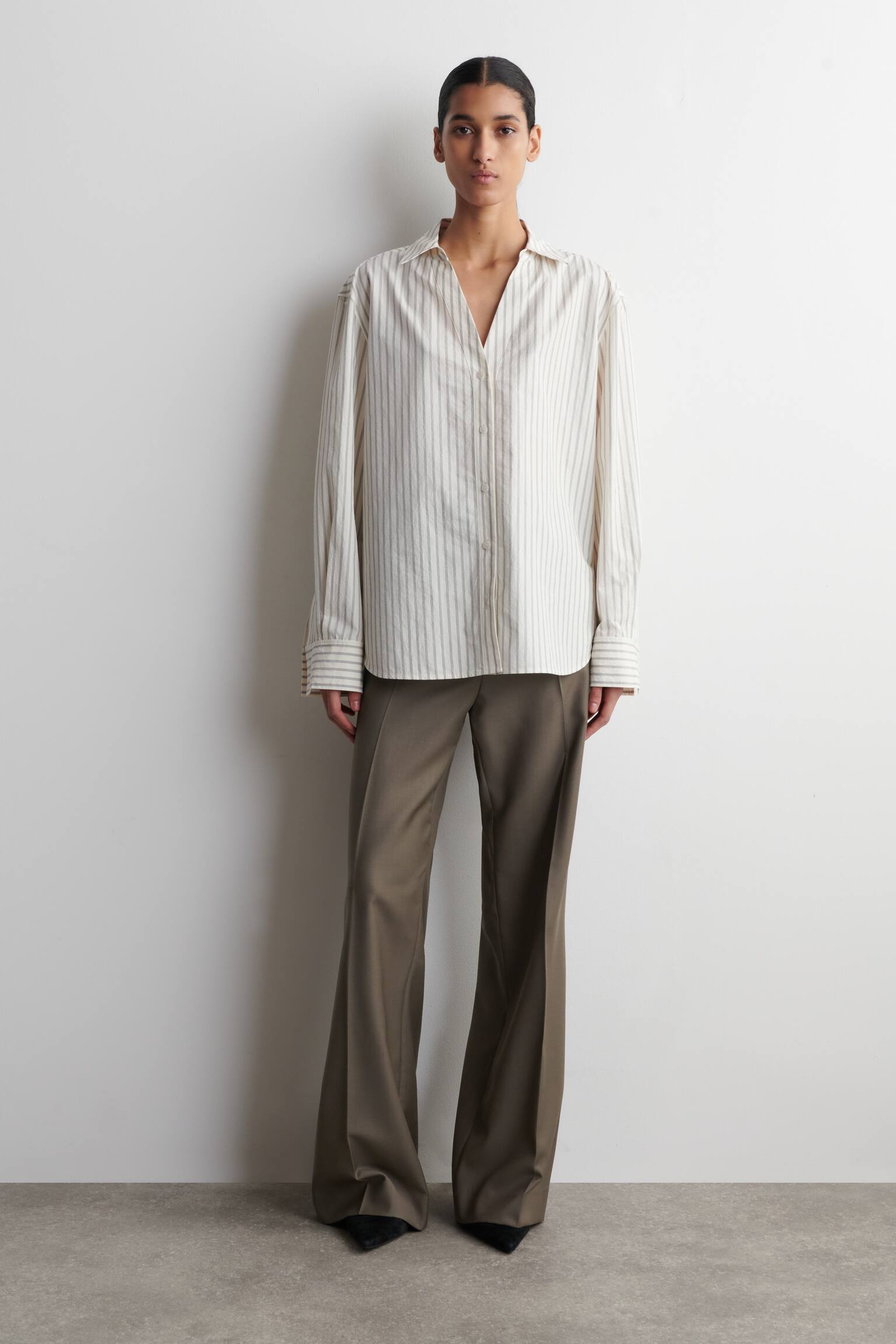 OPEN-COLLAR COTTON-POPLIN SHIRT - BEIGE / STRIPED/BLUE - 5