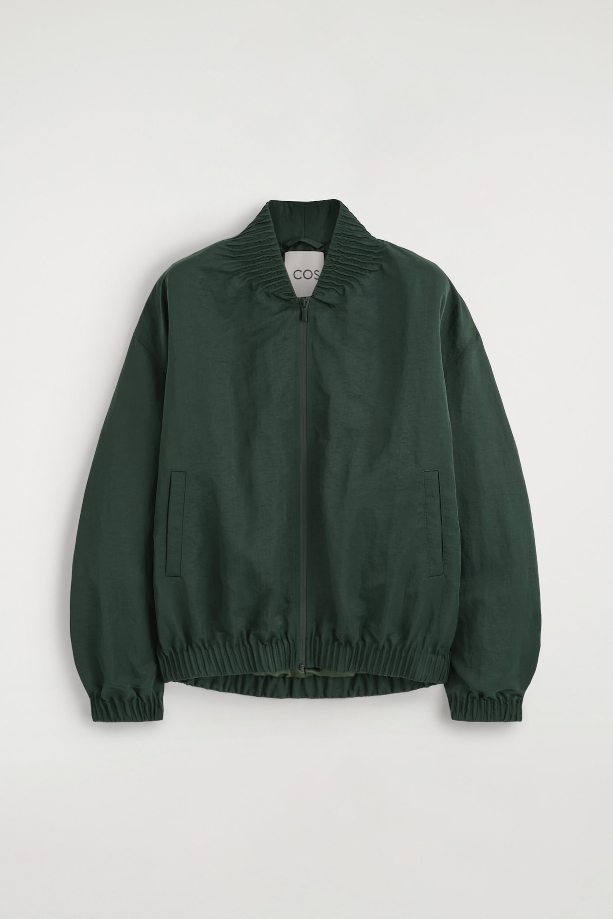GATHERED NYLON BOMBER JACKET — DARK GREEN