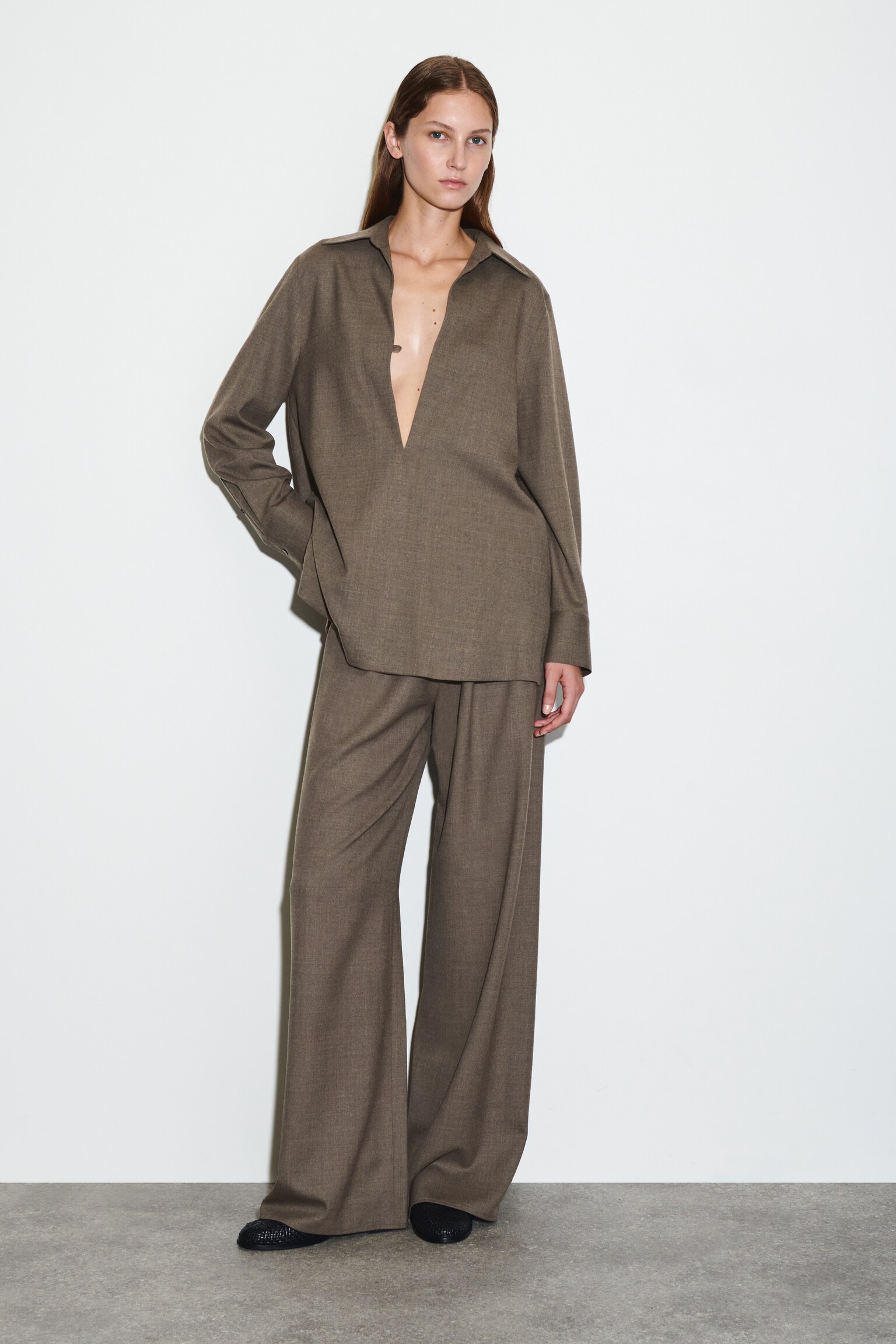 CAMICIA IN MISTO LANA CON COLLETTO APERTO - GRIGIO - 6