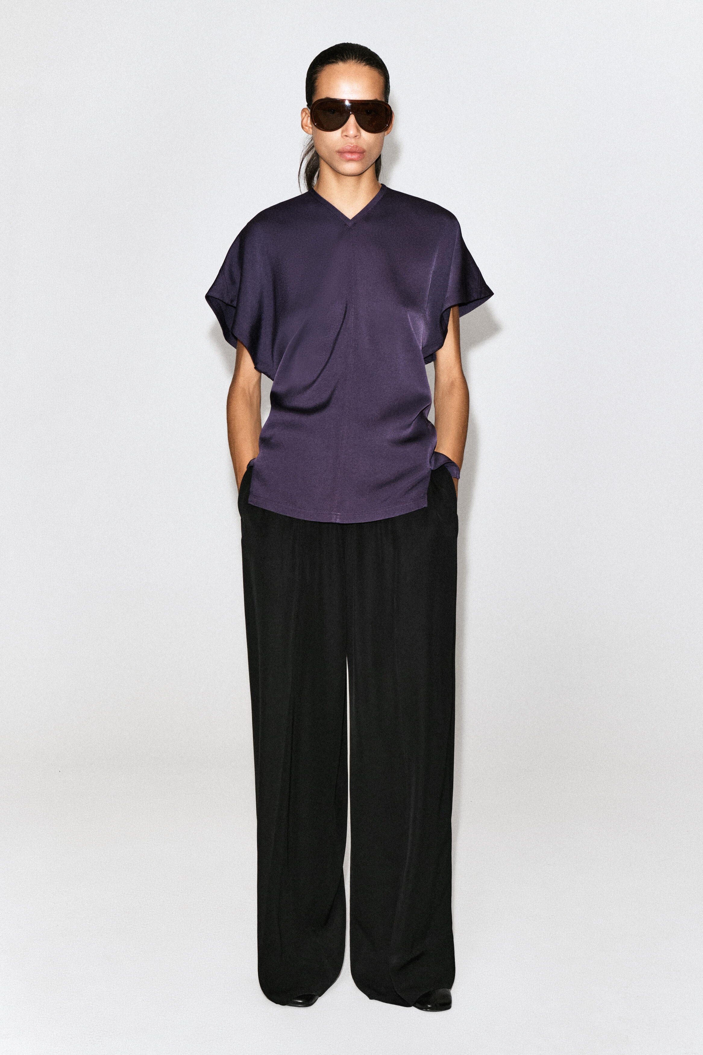 DRAPED CREPE V-NECK TOP - thumbnail 2