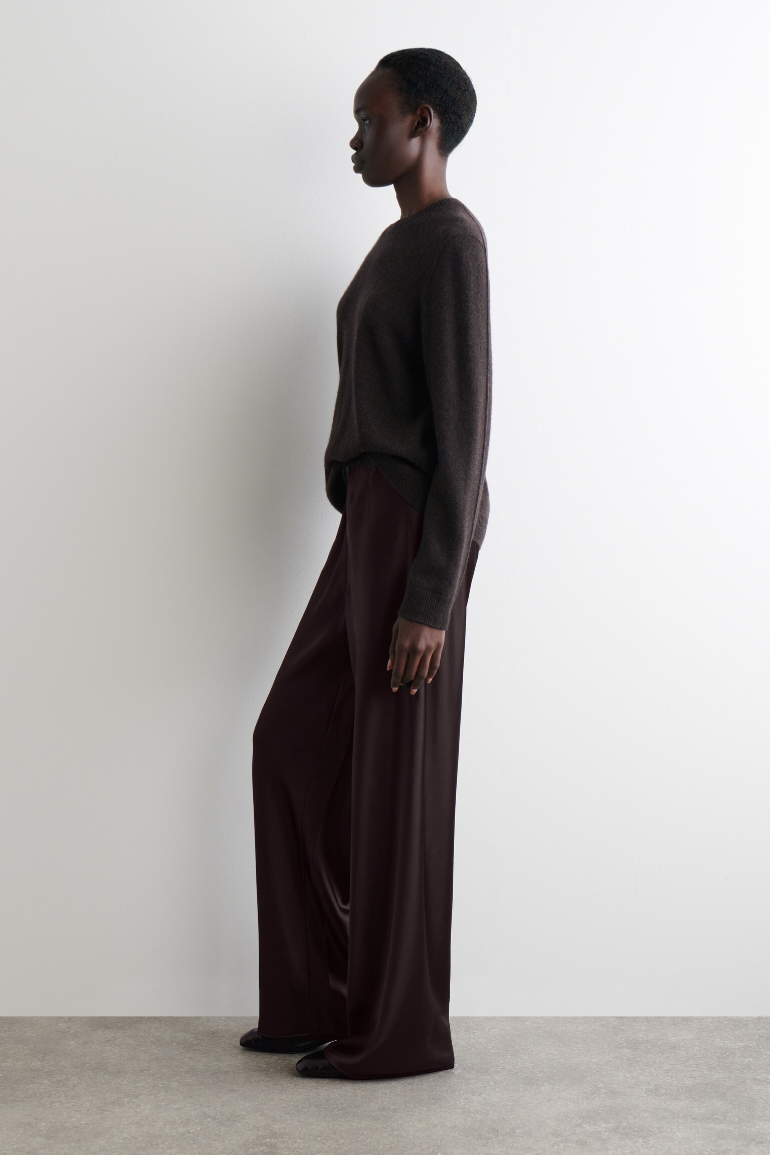 PANTALONI A GAMBA LARGA IN RASO - MARRONE SCURO/MARRONE - 3