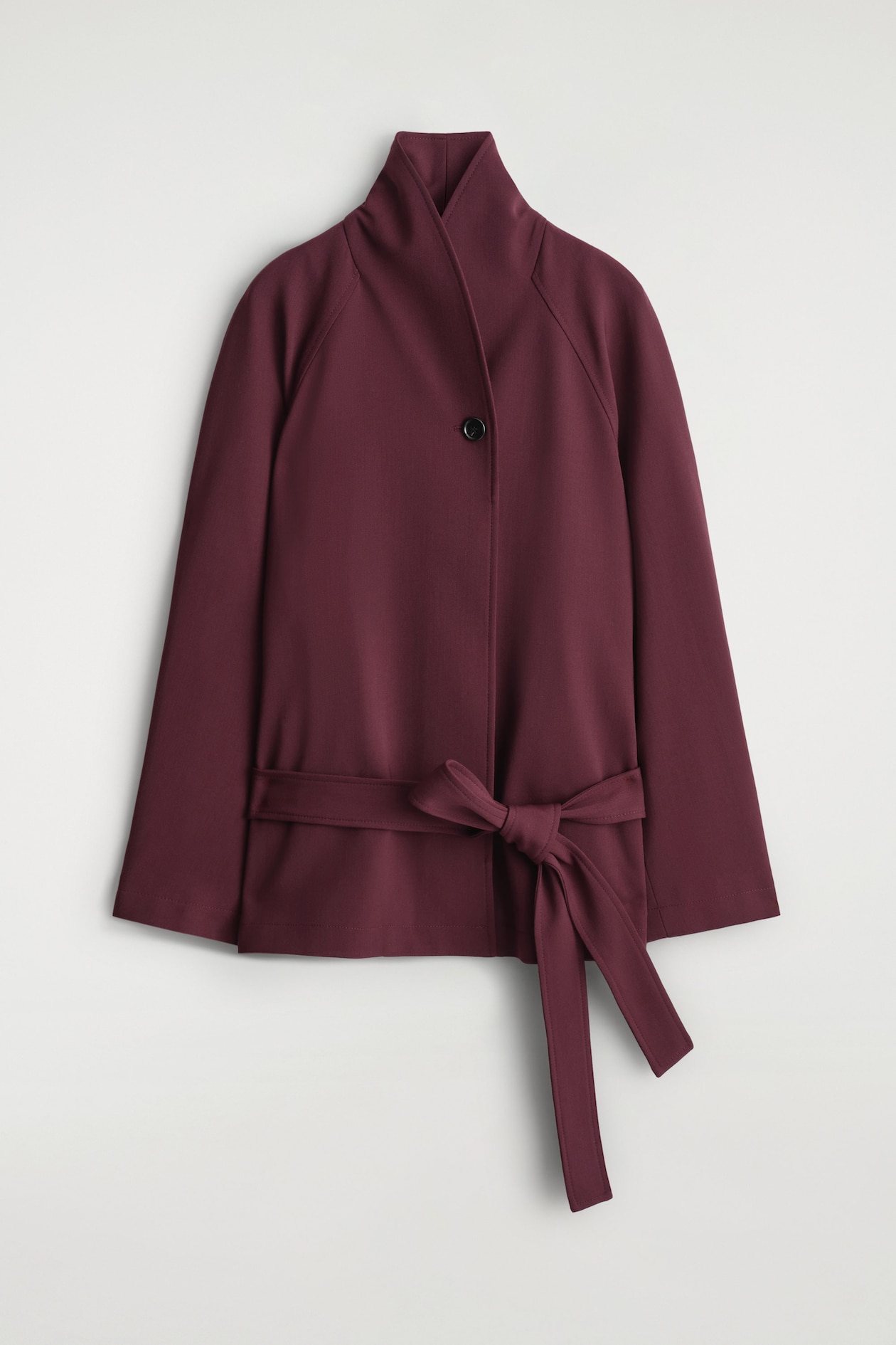 BELTED WOOL-BLEND SHAWL-COLLAR JACKET — BURGUNDY