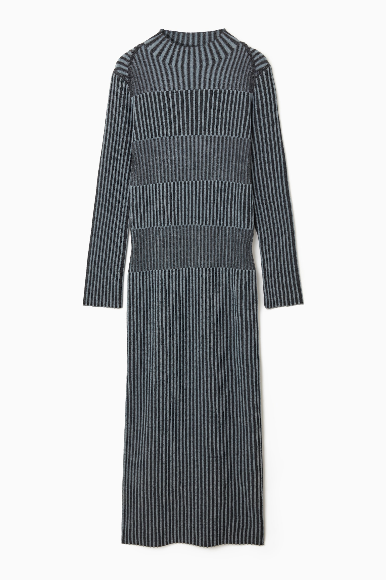 STRIPED RIBBED-KNIT MIDI DRESS - BLUE