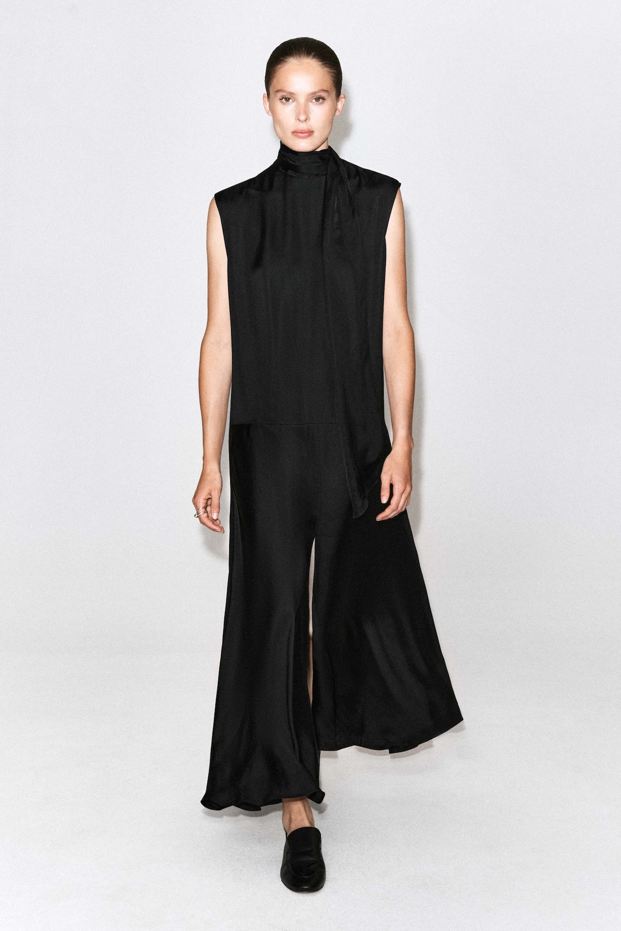 SCARF-DETAIL SATIN MAXI DRESS — CARBON