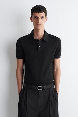 SLIM KNITTED SILK POLO SHIRT — BLACK 1