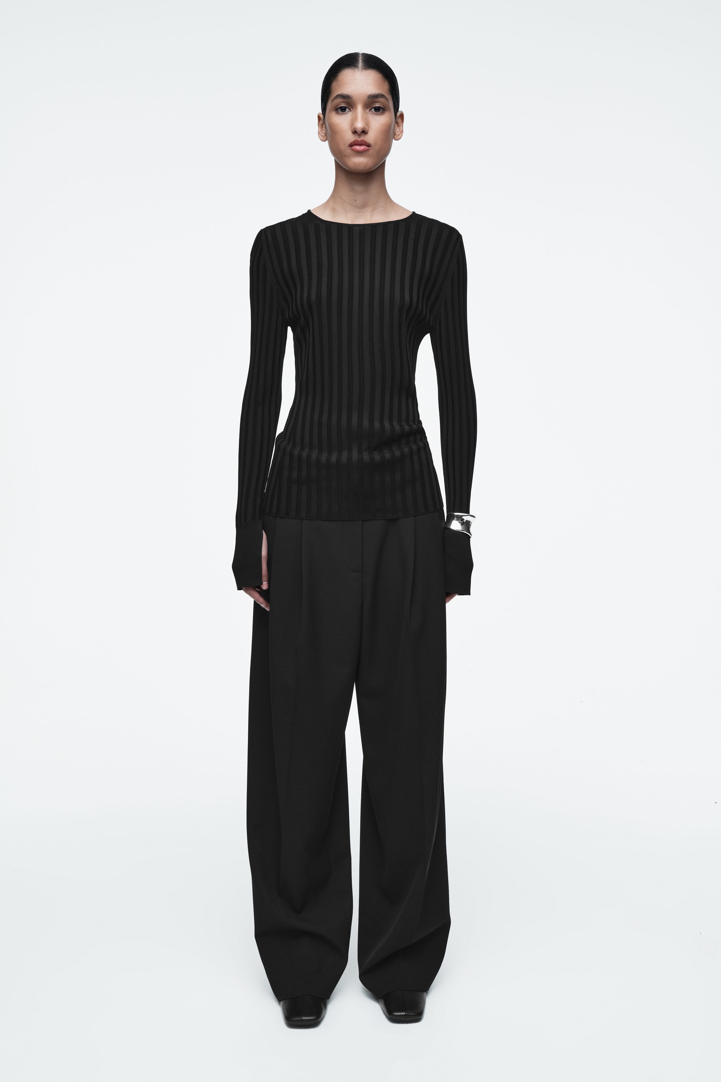RIB-KNIT LONG-SLEEVED TOP - BLACK | COS