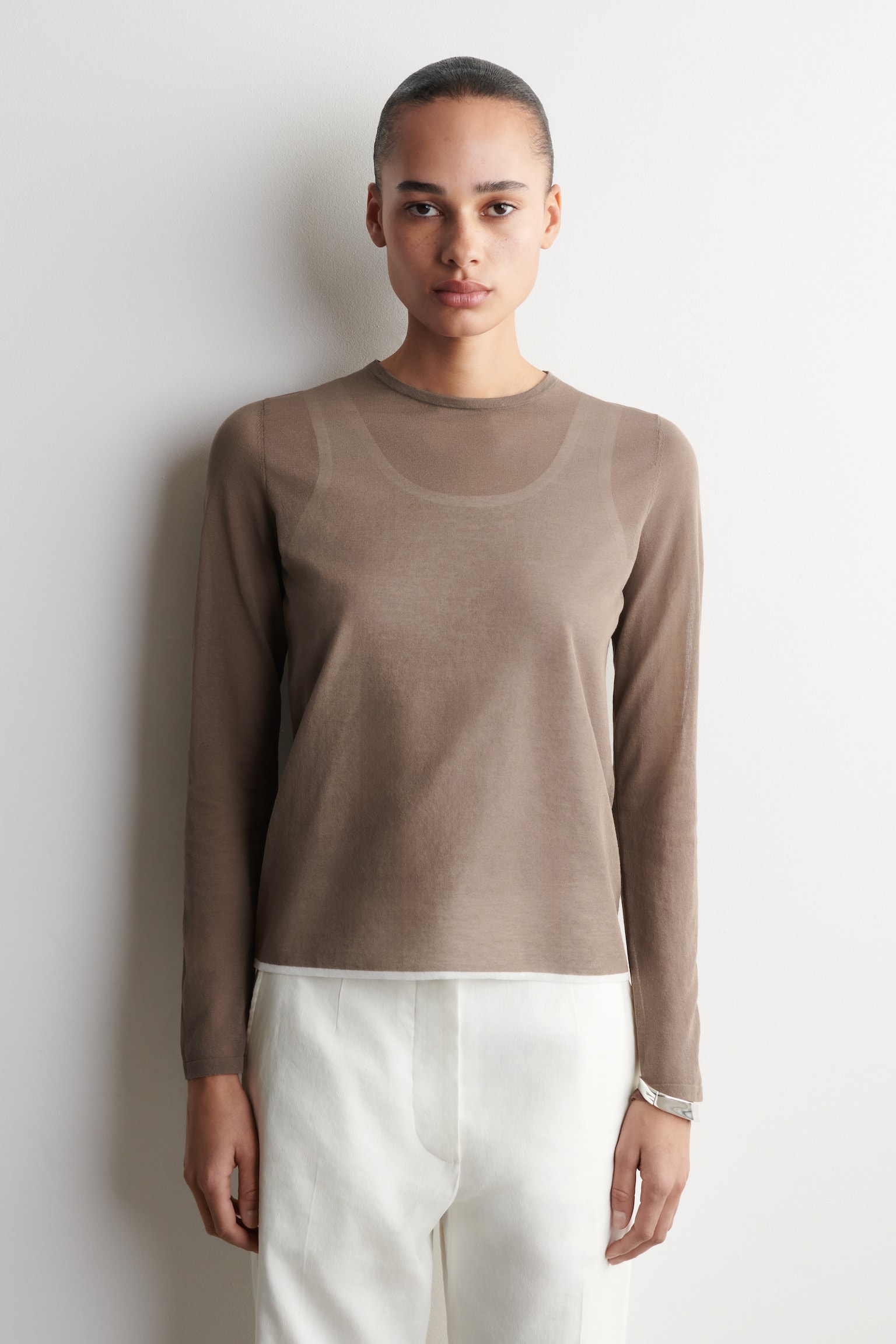 LAYERED KNITTED LONG-SLEEVED TOP - BROWN / WHITE - 1