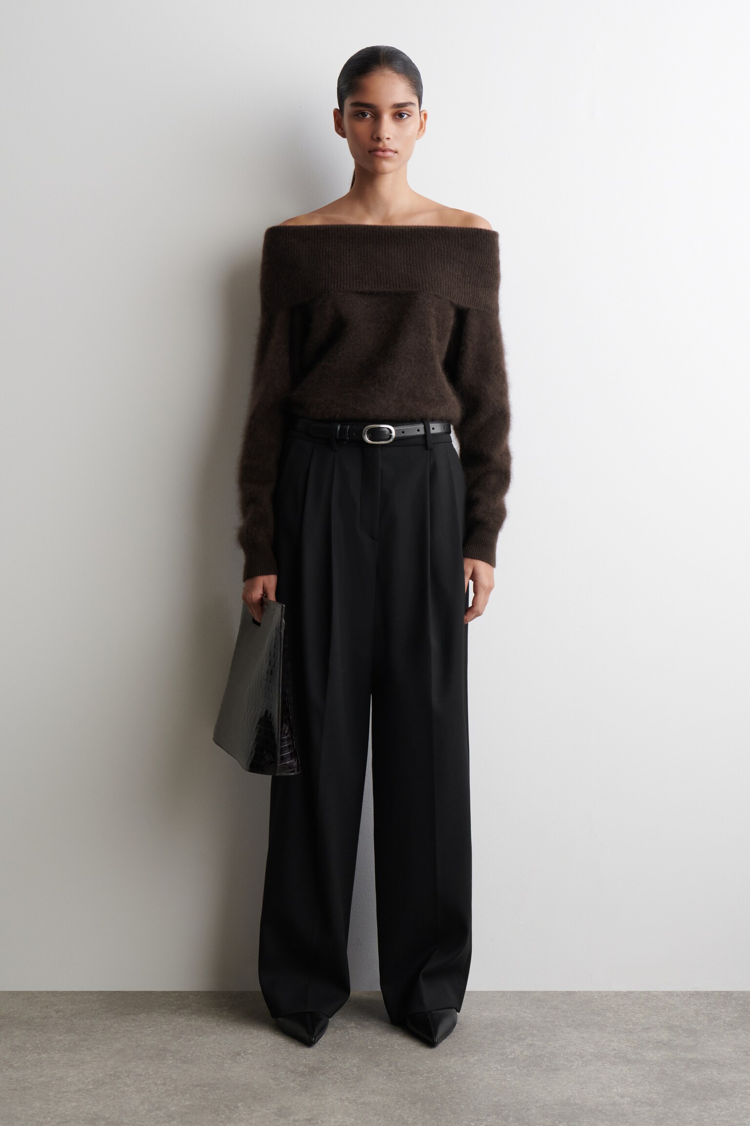 OFF-THE-SHOULDER MERINO WOOL JUMPER - DARK BROWN/GREY - 3