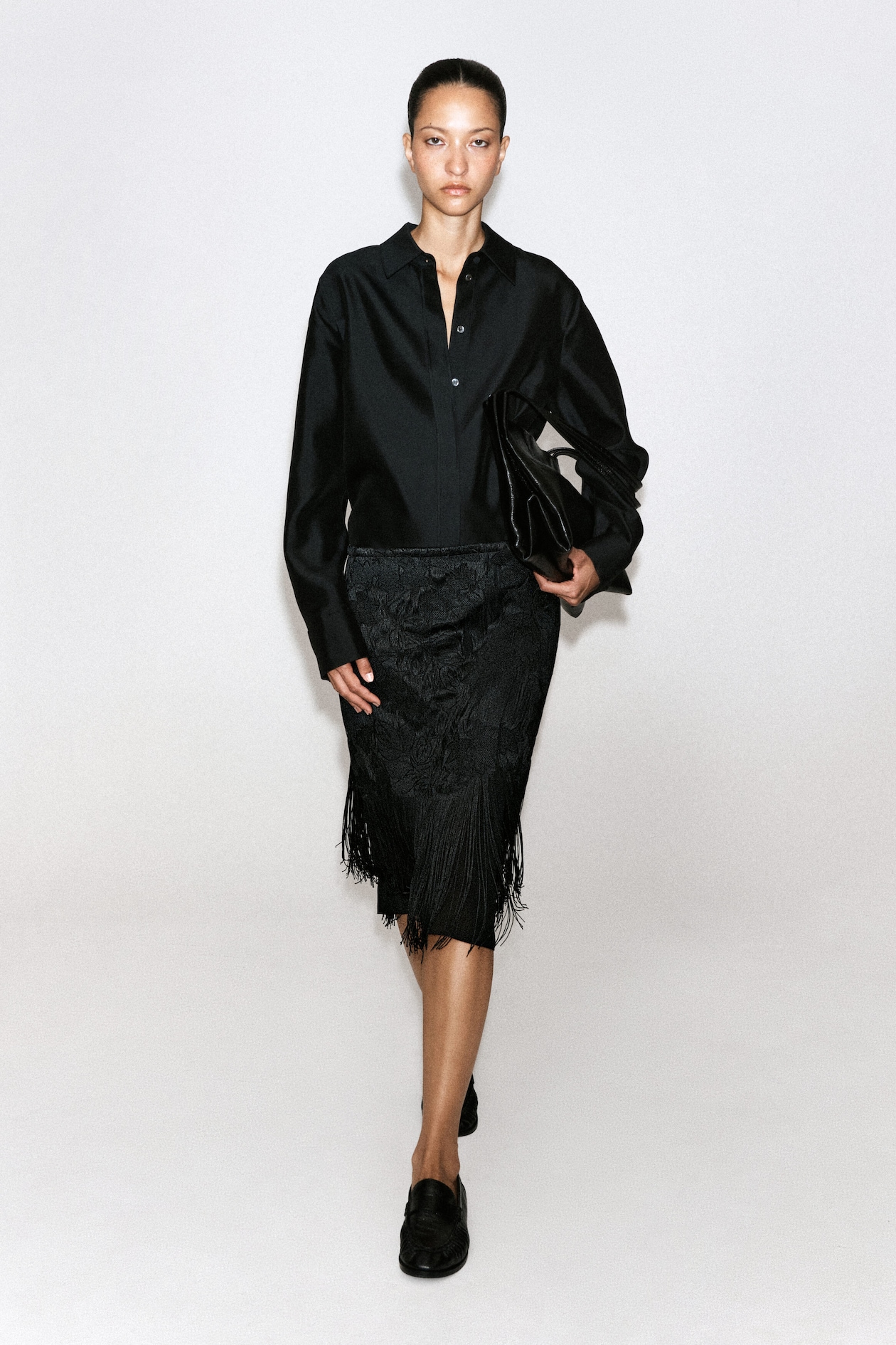 EMBROIDERED FRINGED MIDI SKIRT — CARBON