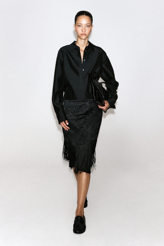 EMBROIDERED FRINGED MIDI SKIRT — CARBON