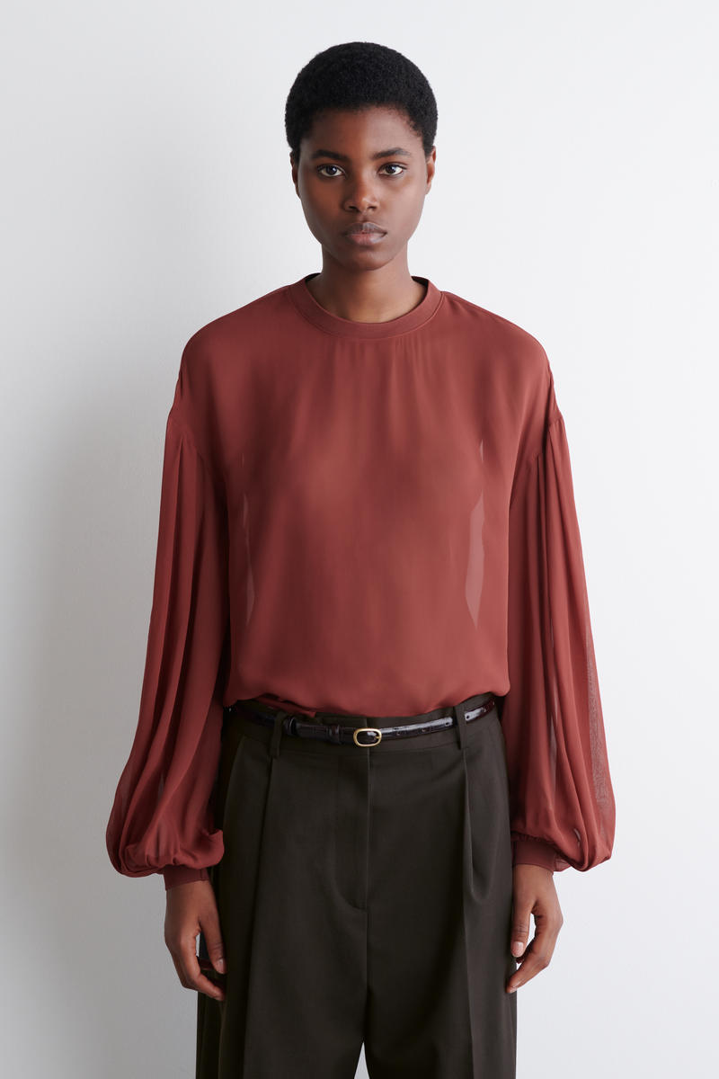 Cos Sheer Balloon-sleeve Blouse In Red In Red