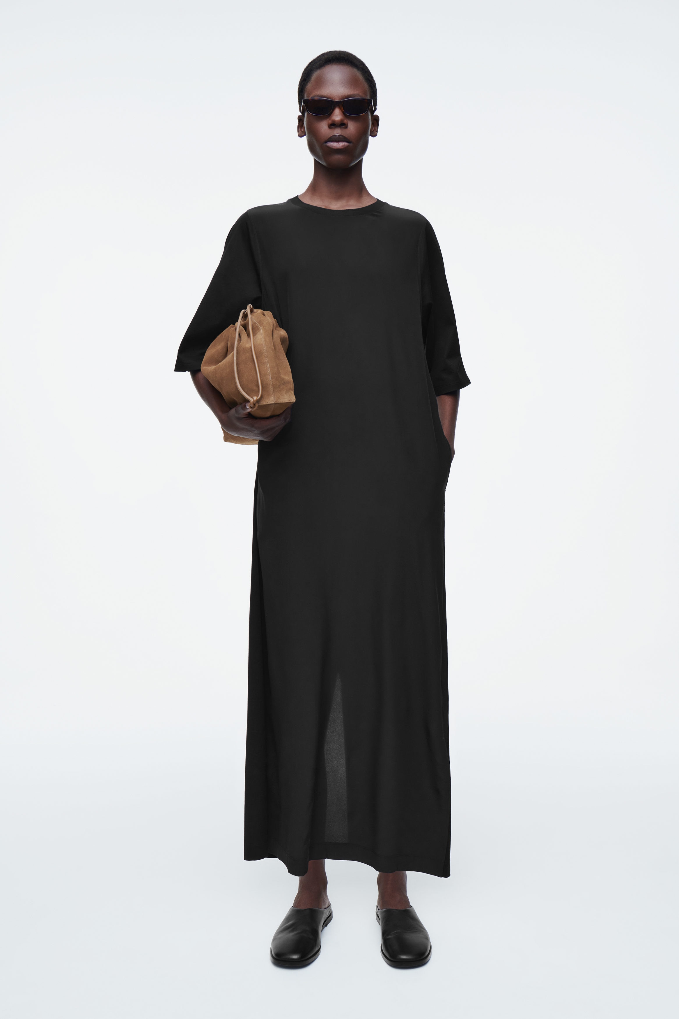 PANELED SILK MIDI T-SHIRT DRESS - BLACK | COS