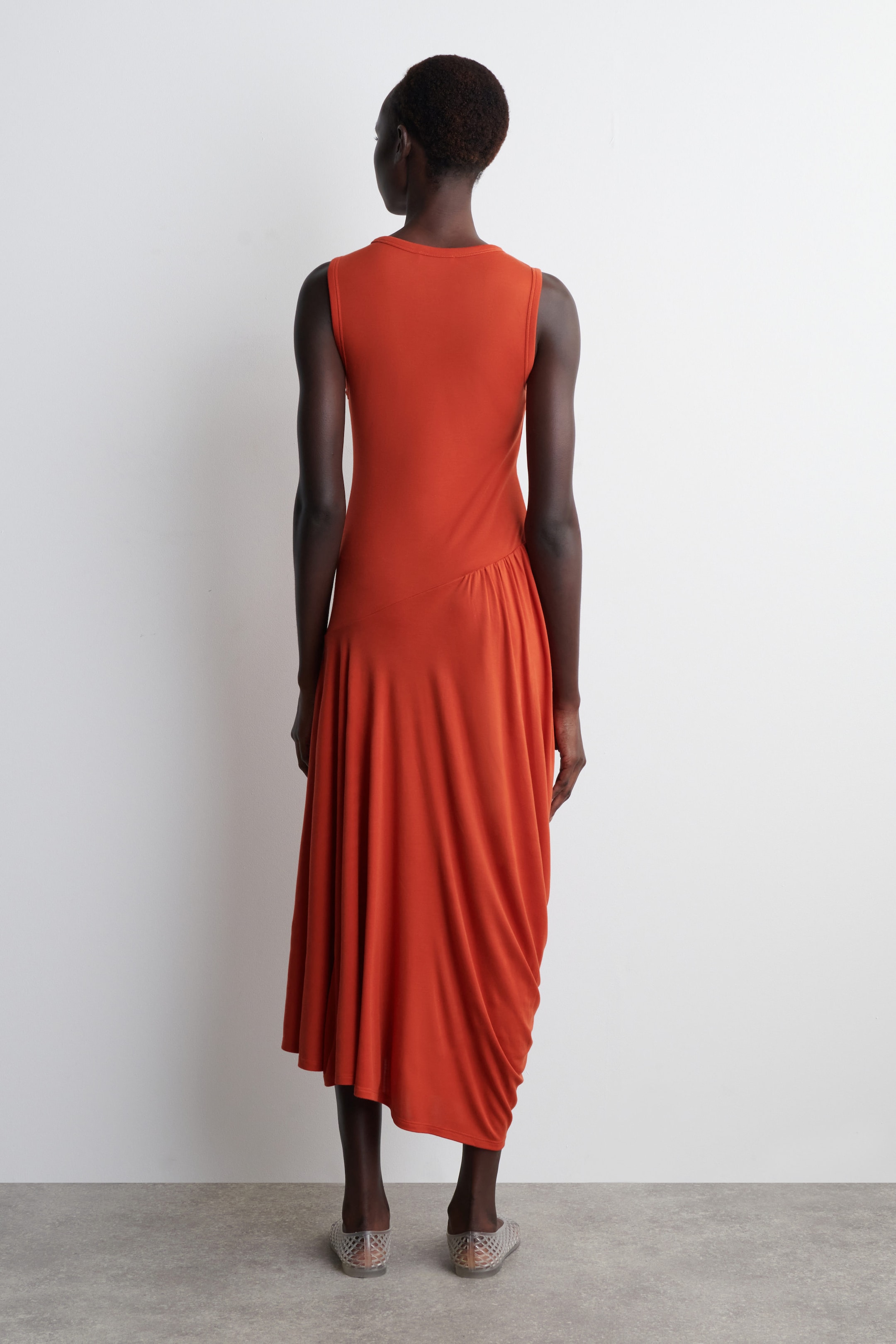 ASYMMETRIC DRAPED MIDI DRESS