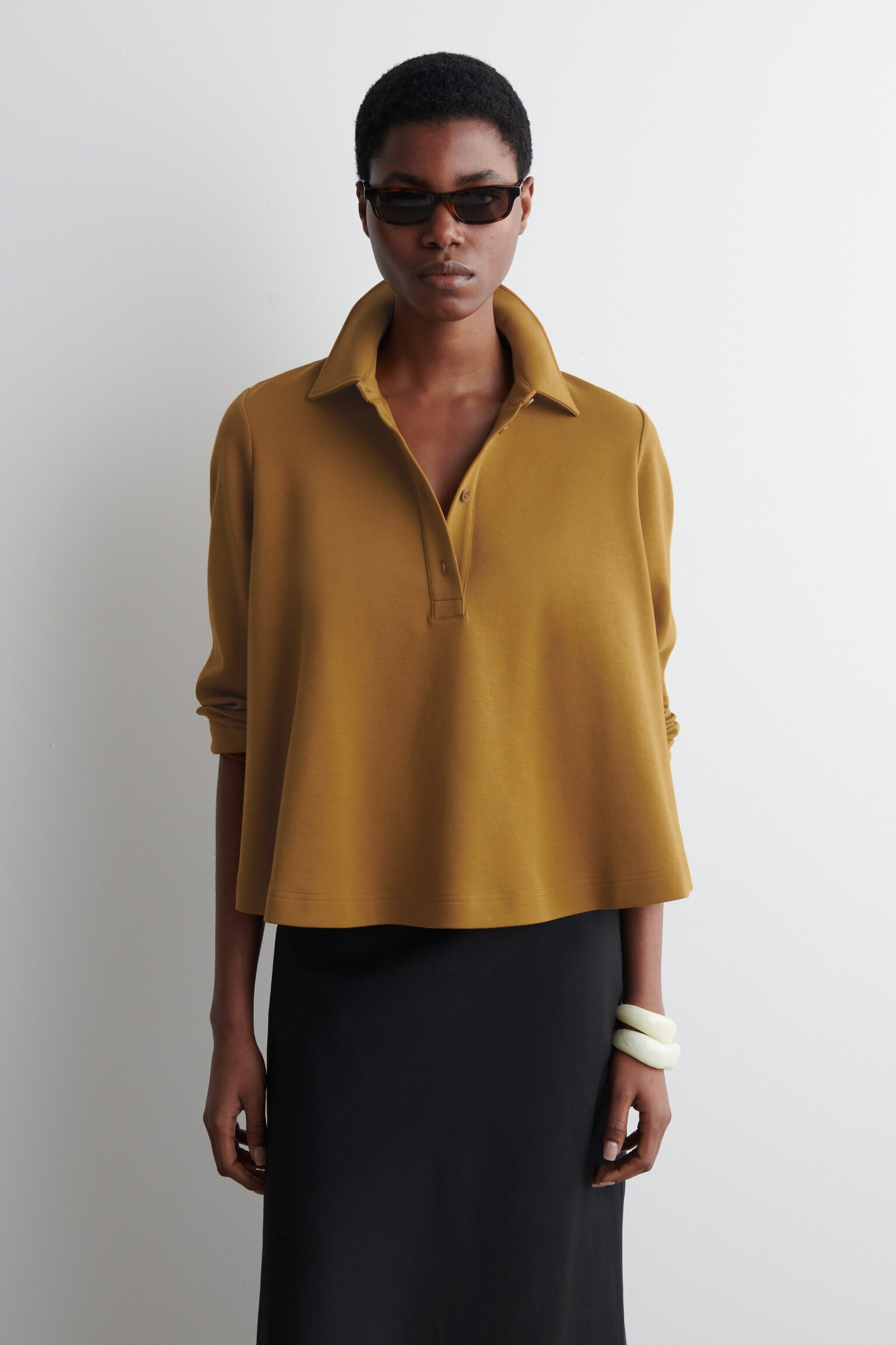 FLARED COTTON-JERSEY POLO SHIRT - BROWN/NAVY