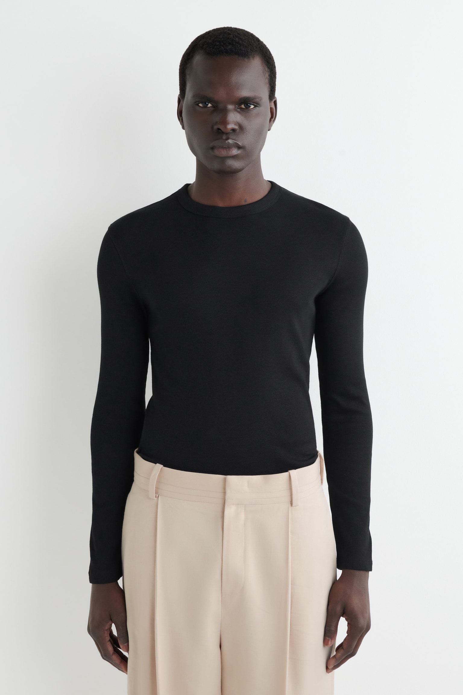 T-SHIRT SLIM À MANCHES LONGUES EN COTON CÔTELÉ - NOIR/BLANC