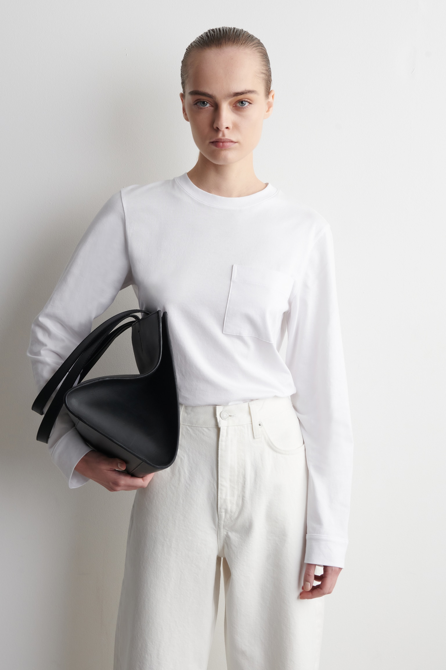 T-SHIRT À MANCHES LONGUES EN COTON - BLANC/GRIS CHINÉ - 1