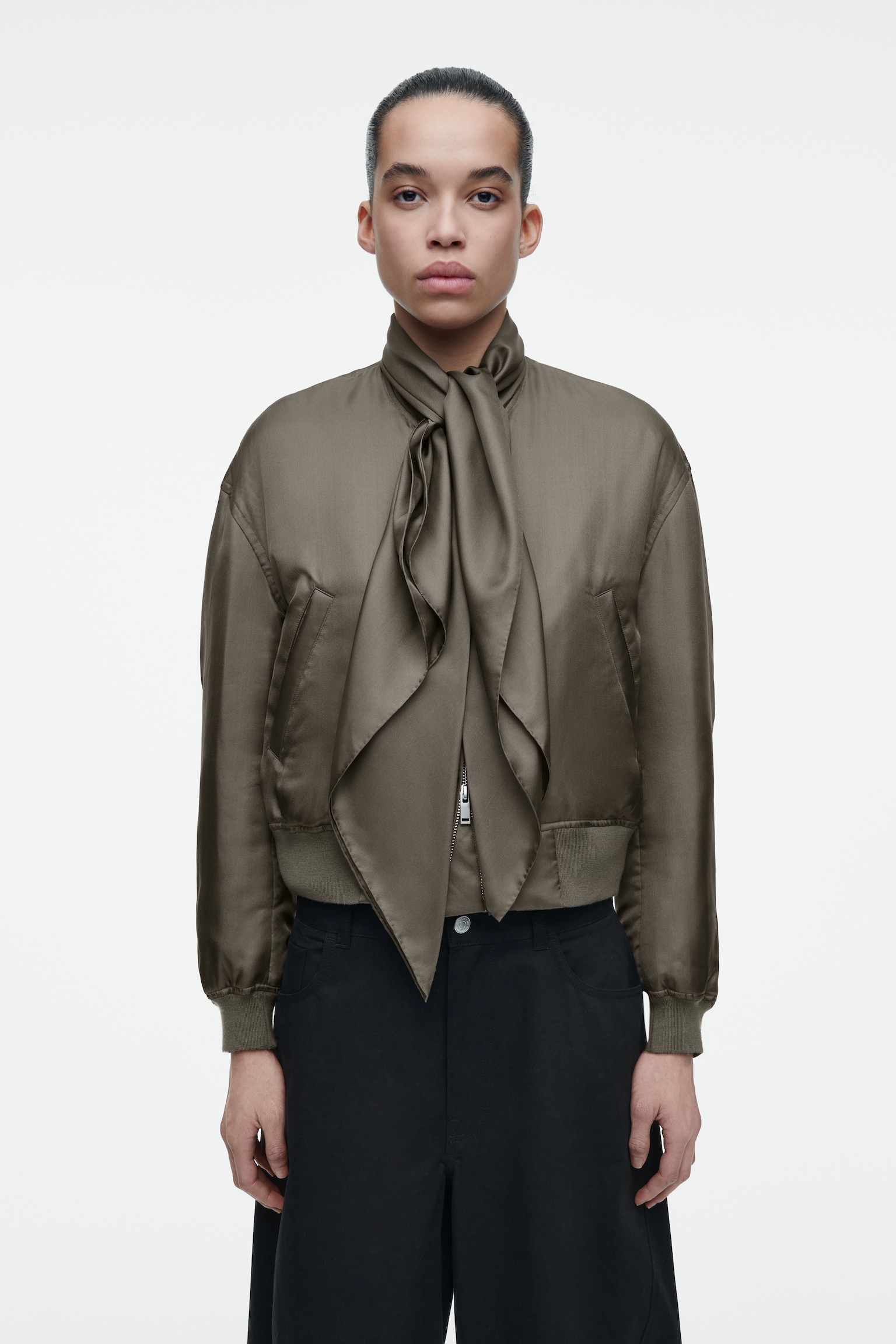 SCARF-DETAIL PADDED SILK BOMBER JACKET - BRONZE