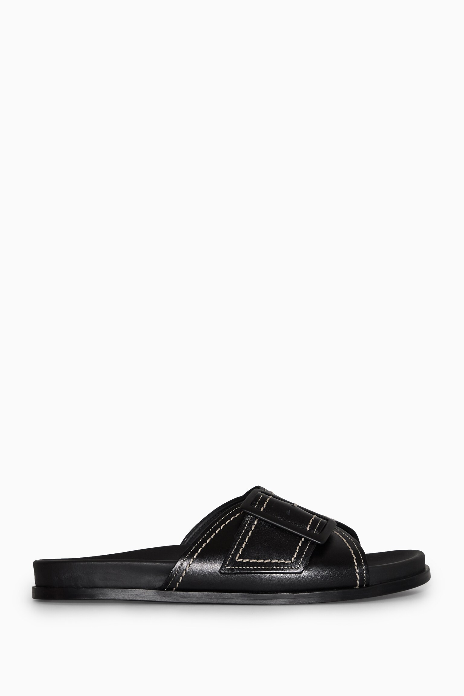 CONTRAST-STITCH BUCKLED LEATHER SLIDES - BLACK / WHITE