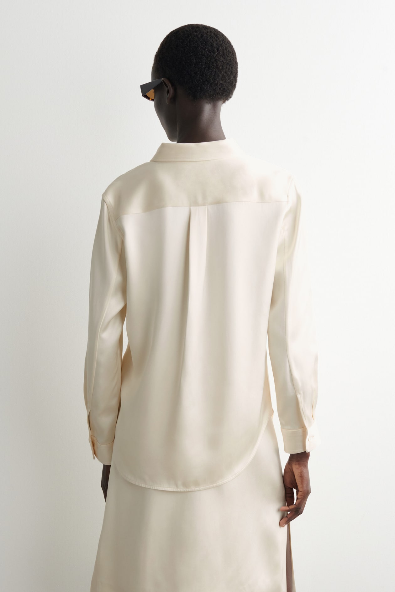 BUTTON-DOWN COLLAR SATIN SHIRT — WHITE