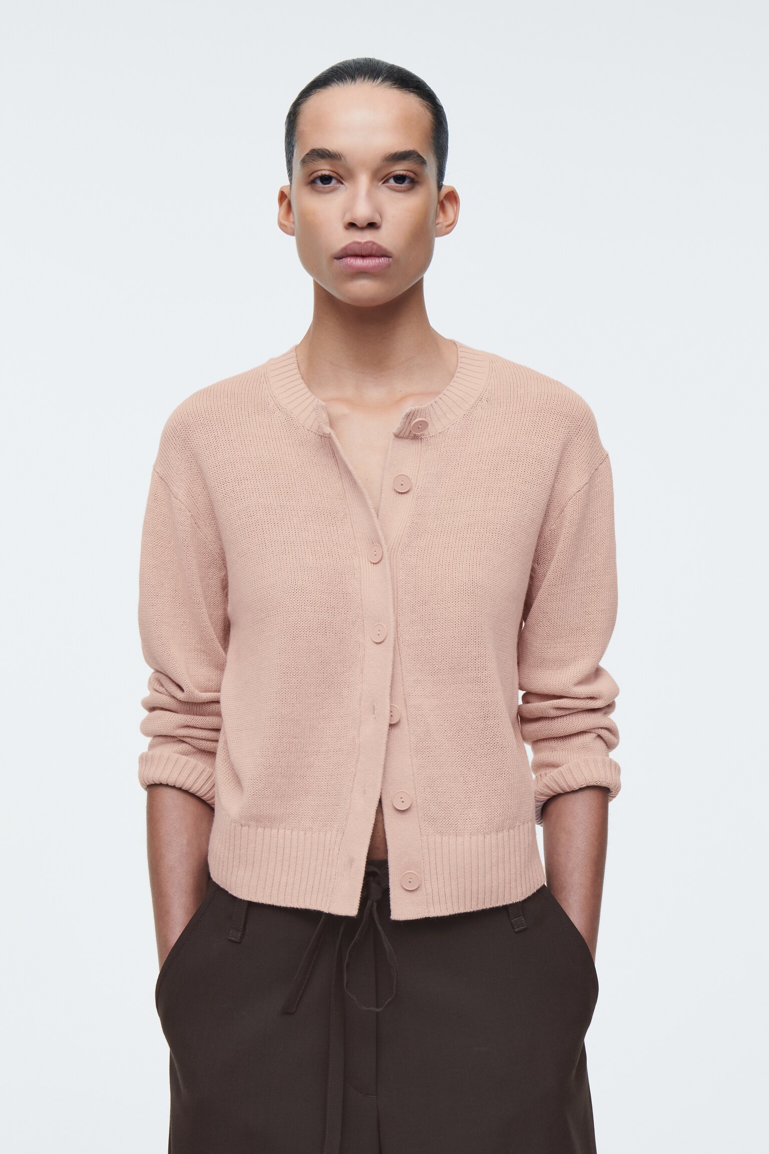 CARDIGAN IN MAGLIA DI LINO - ROSA/AVORIO