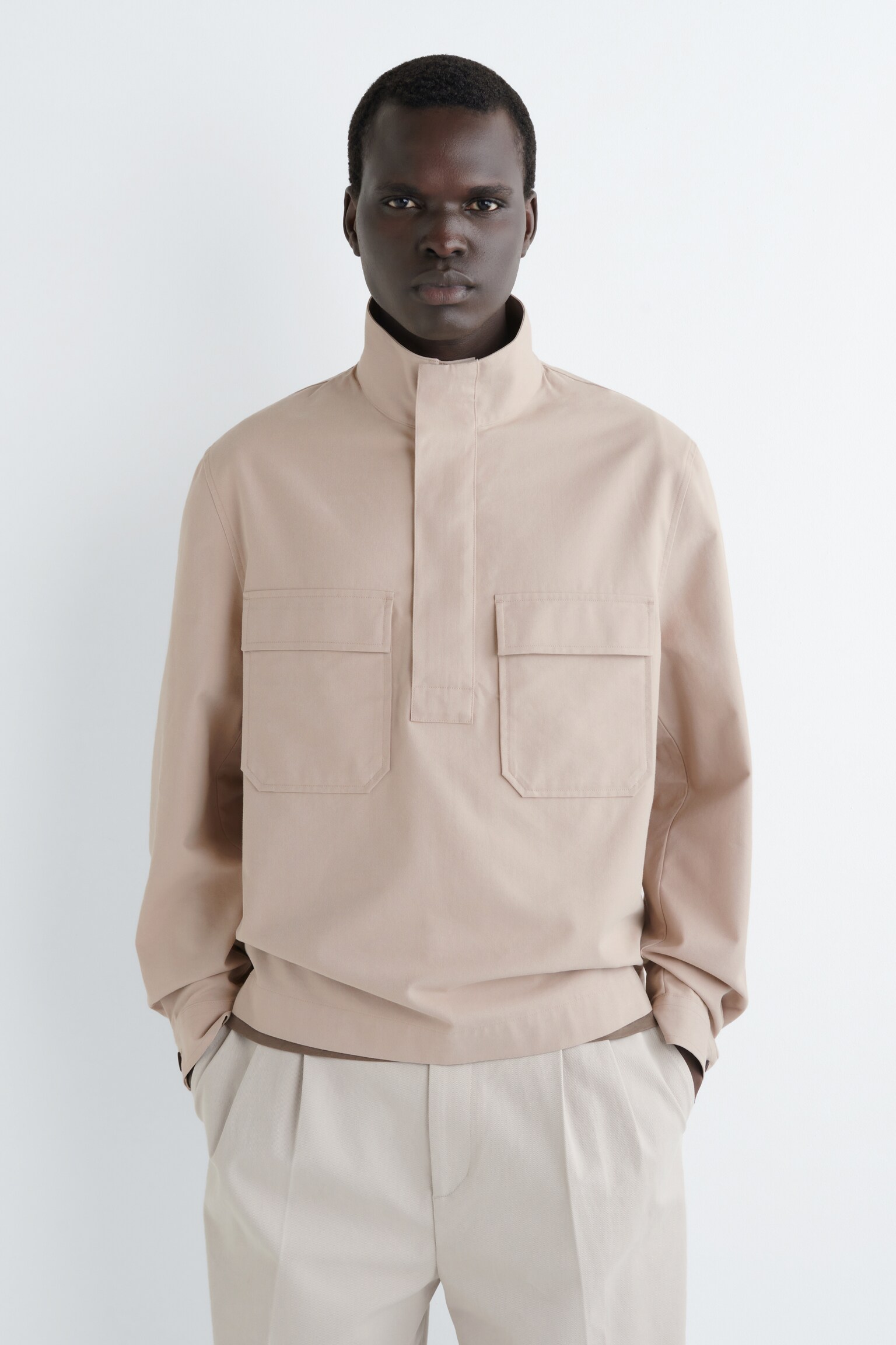 COTTON-TWILL HALF-ZIP OVERSHIRT - LIGHT BEIGE - 4