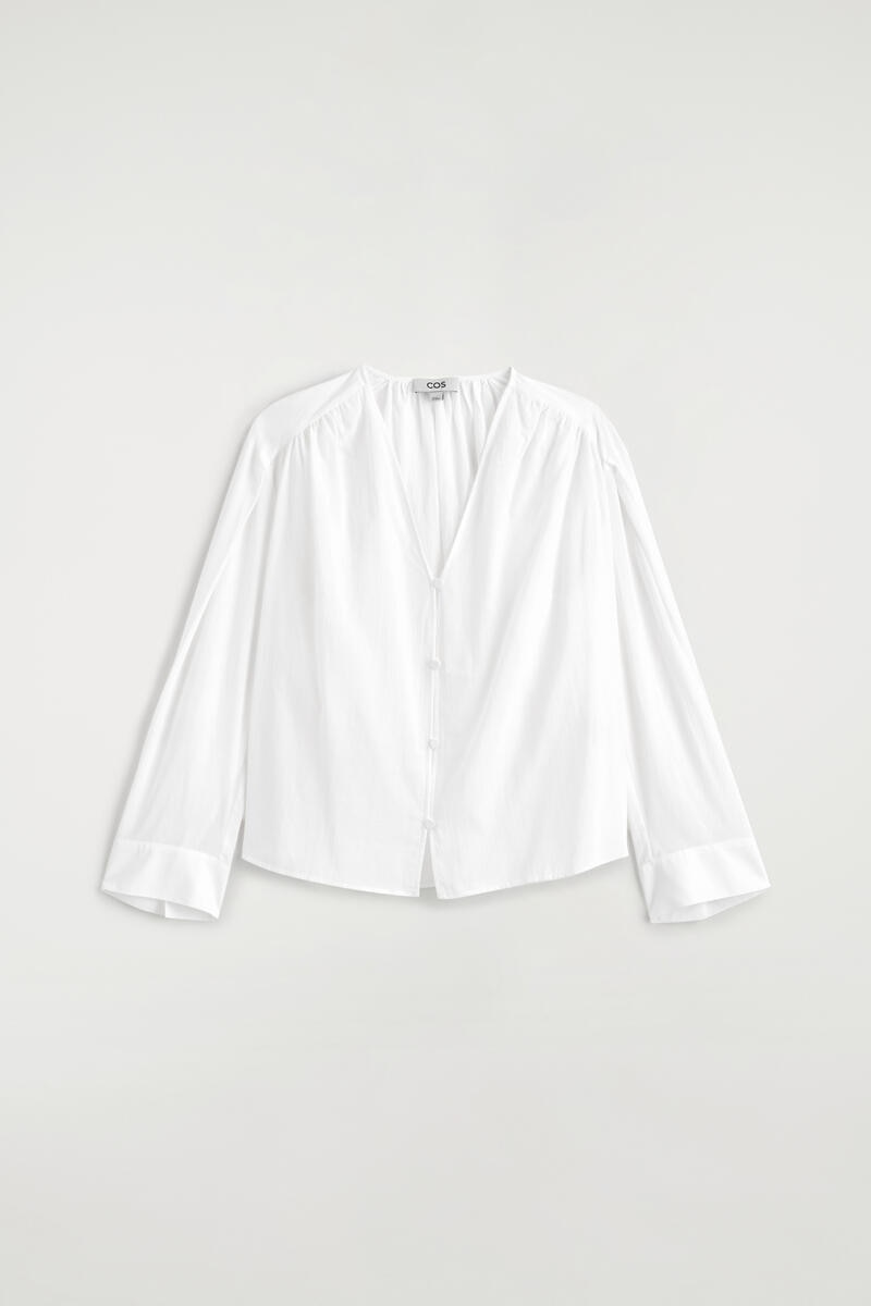 Gathered Lightweight Cotton V-Neck Shirt