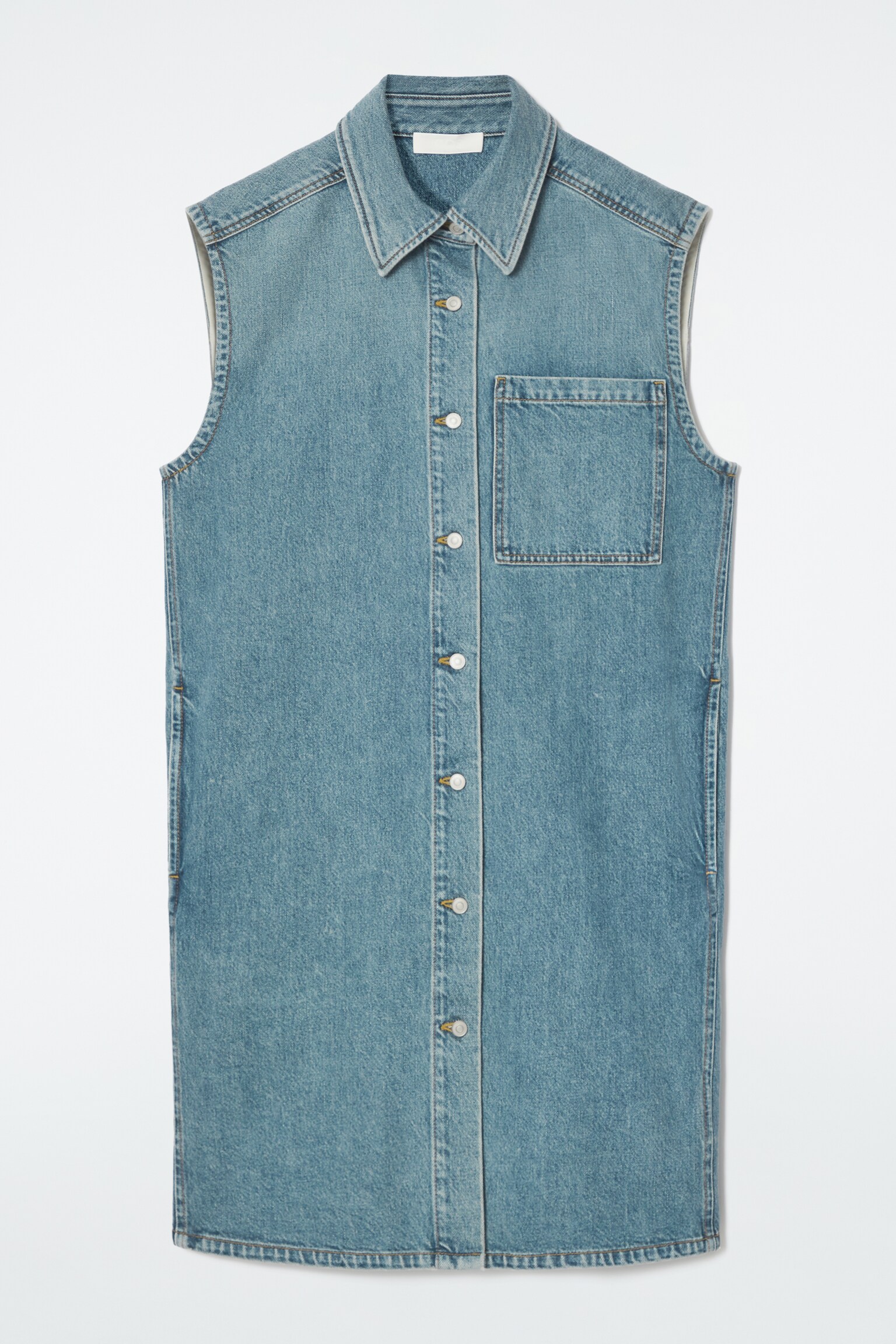 SLEEVELESS DENIM MINI SHIRT DRESS - BLUE