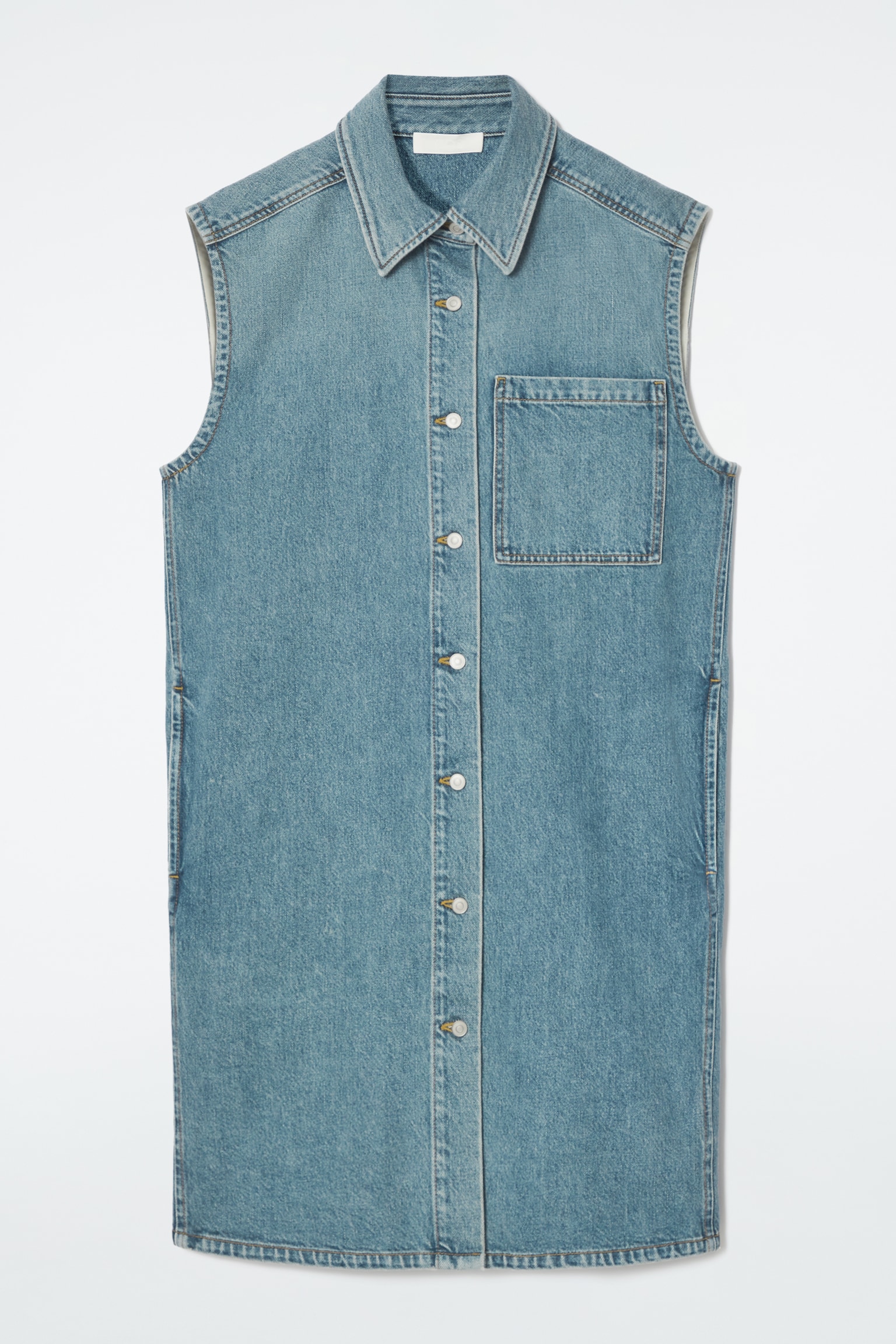 SLEEVELESS DENIM MINI SHIRT DRESS - BLUE