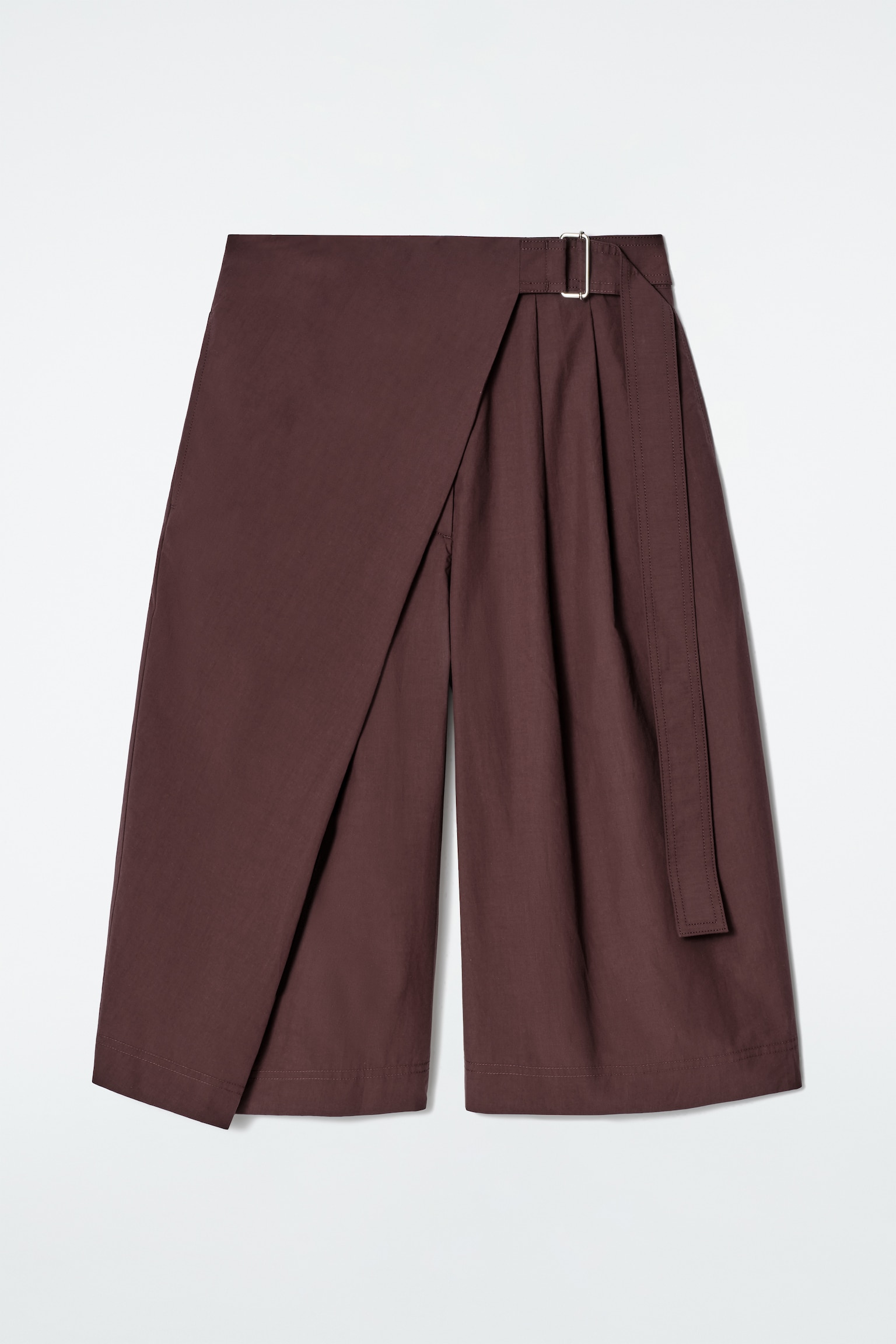 BELTED WRAP-FRONT COTTON SHORTS - BURGUNDY/BLACK