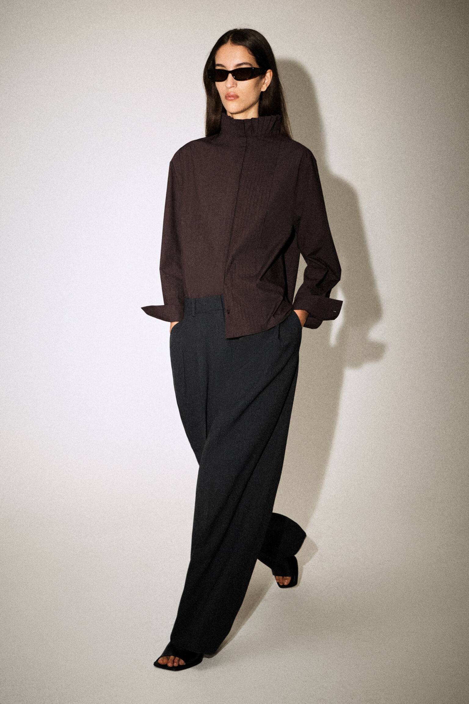 BLUSA IN COTONE CON PIEGHE - MARRONE/BIANCO - 6